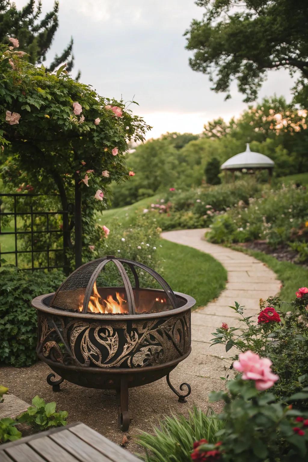 Artistic metalwork on a firepit becomes a captivating garden centerpiece.