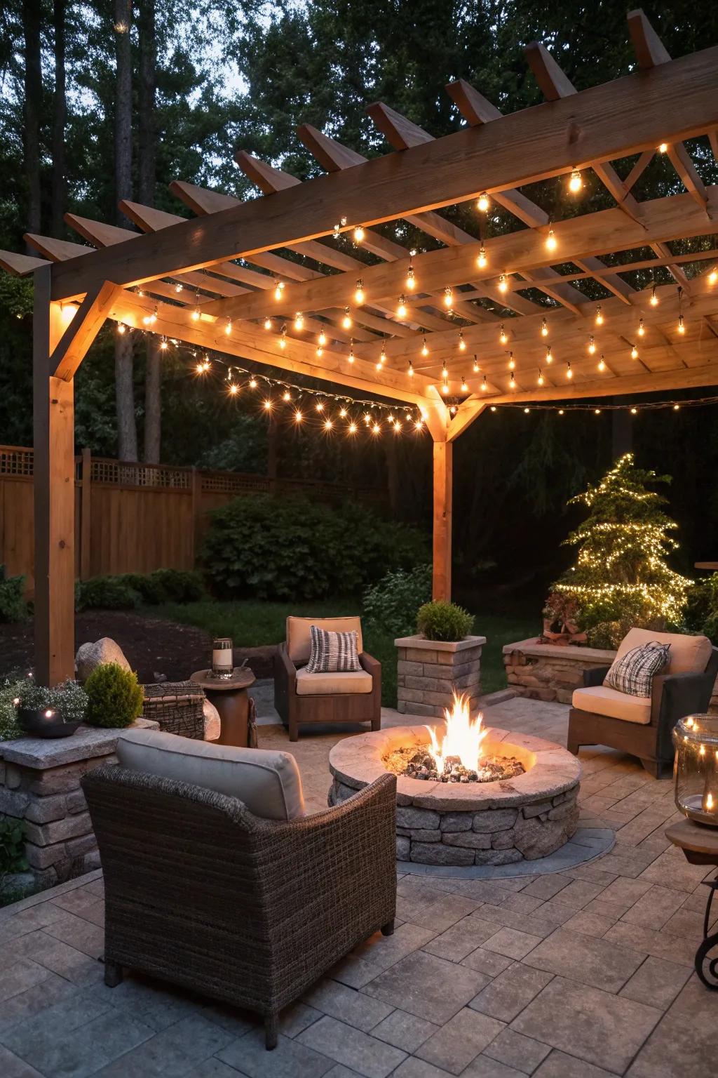 A pergola over the firepit area adds structure and ambiance.