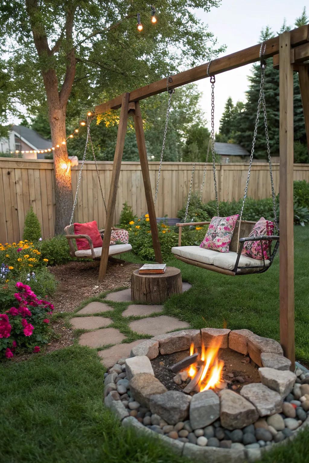 Swing seats add a playful and relaxing touch to any firepit area.