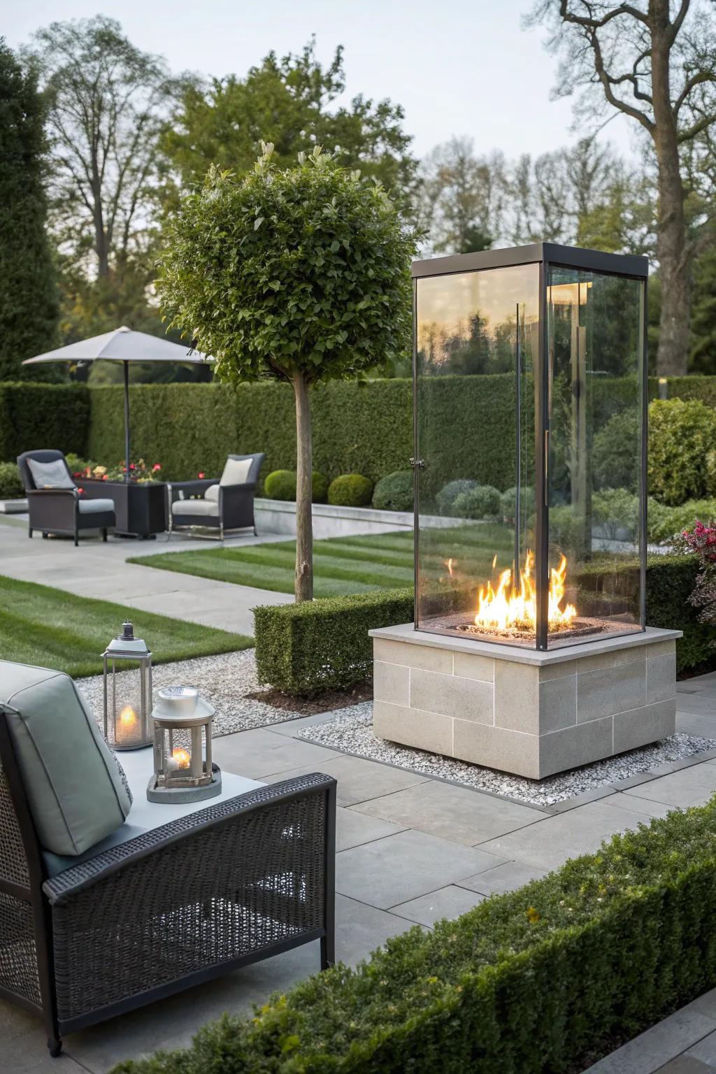 A glass-walled firepit offers modern style and safety.