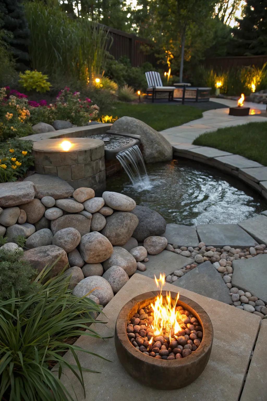 Fire and water together create a relaxing garden oasis.