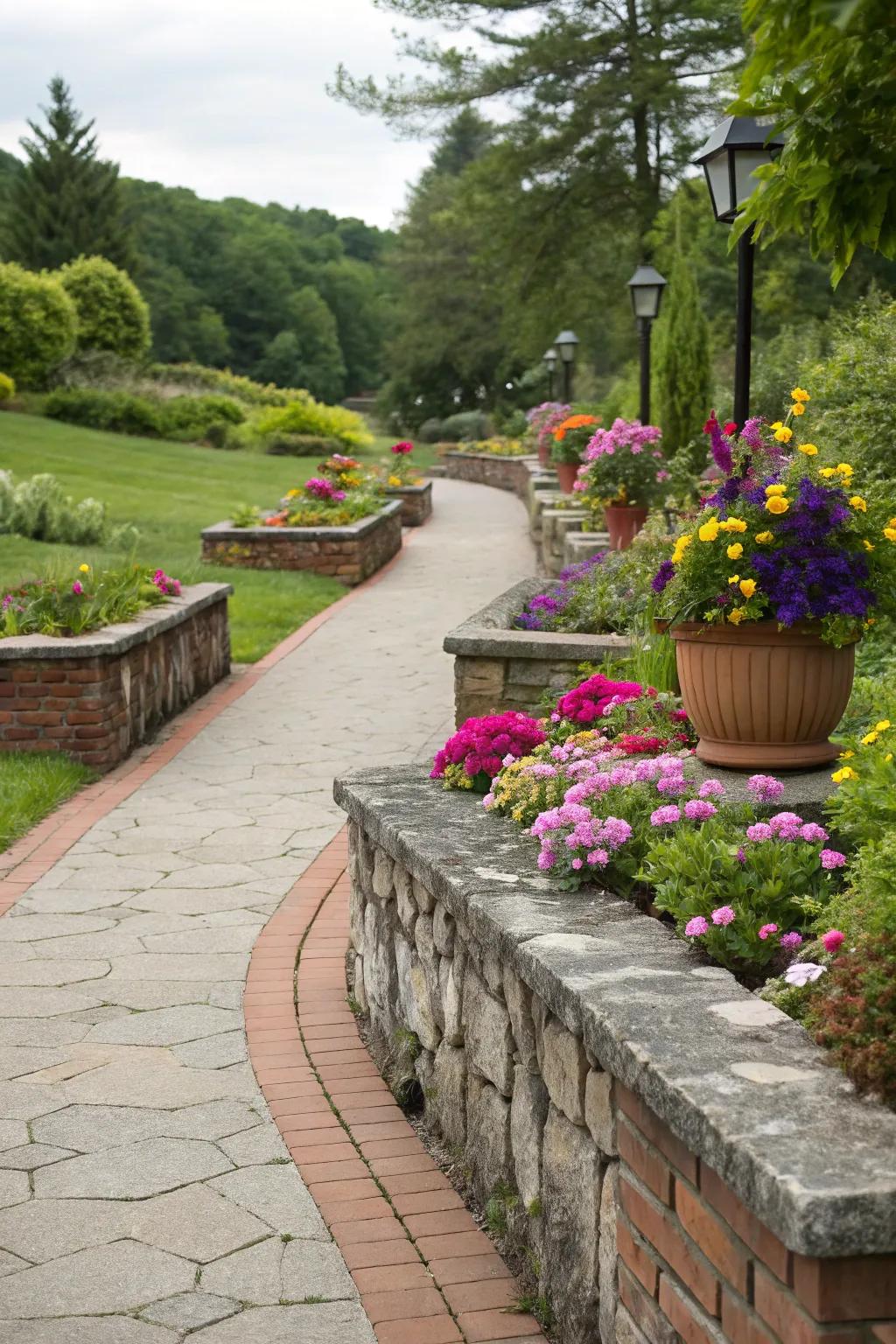 Classic stone and brick borders for a defined walkway.