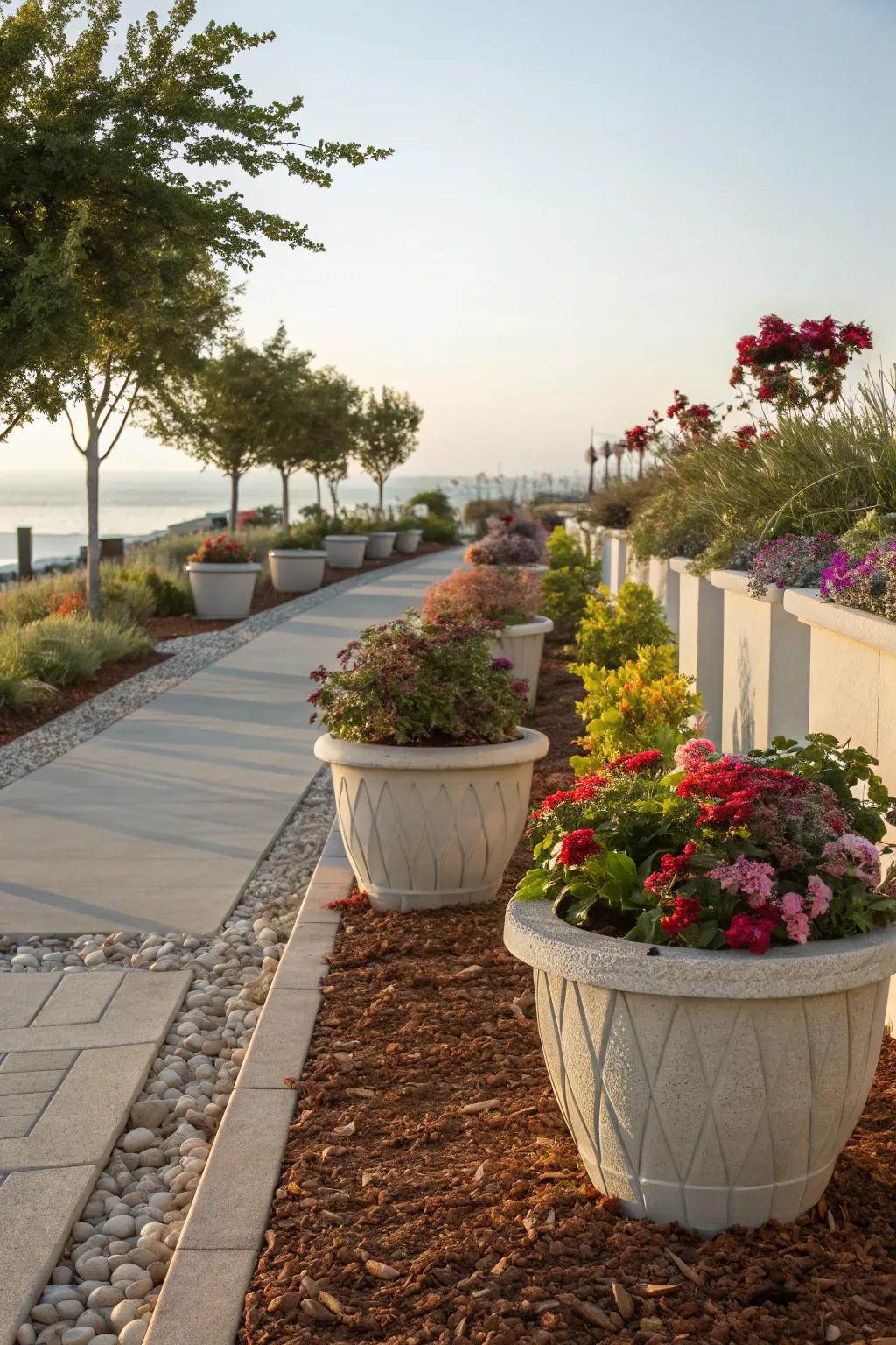 Mulch and pebbles for practicality and style.