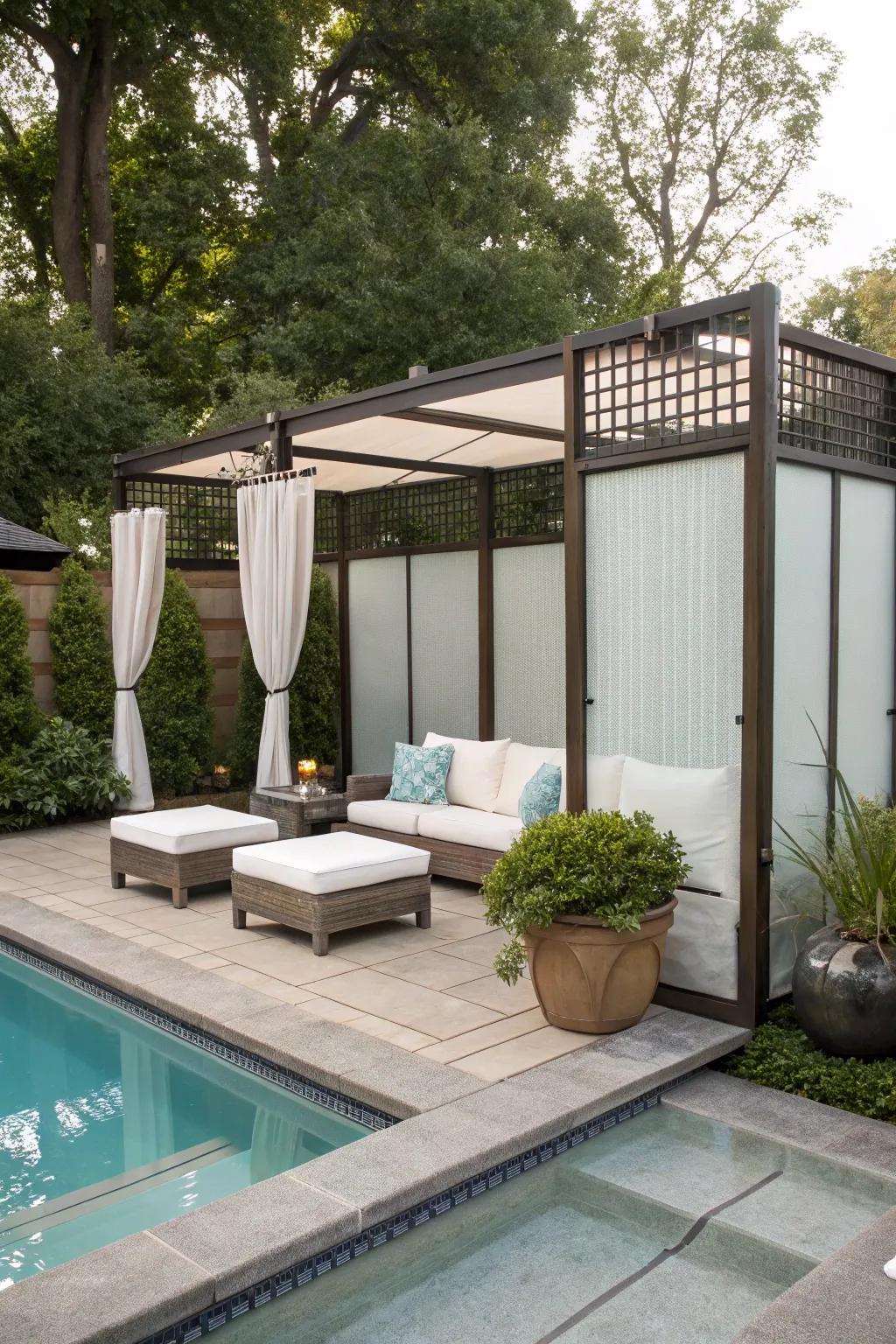 Frosted acrylic panels create a stylish and private pool retreat.