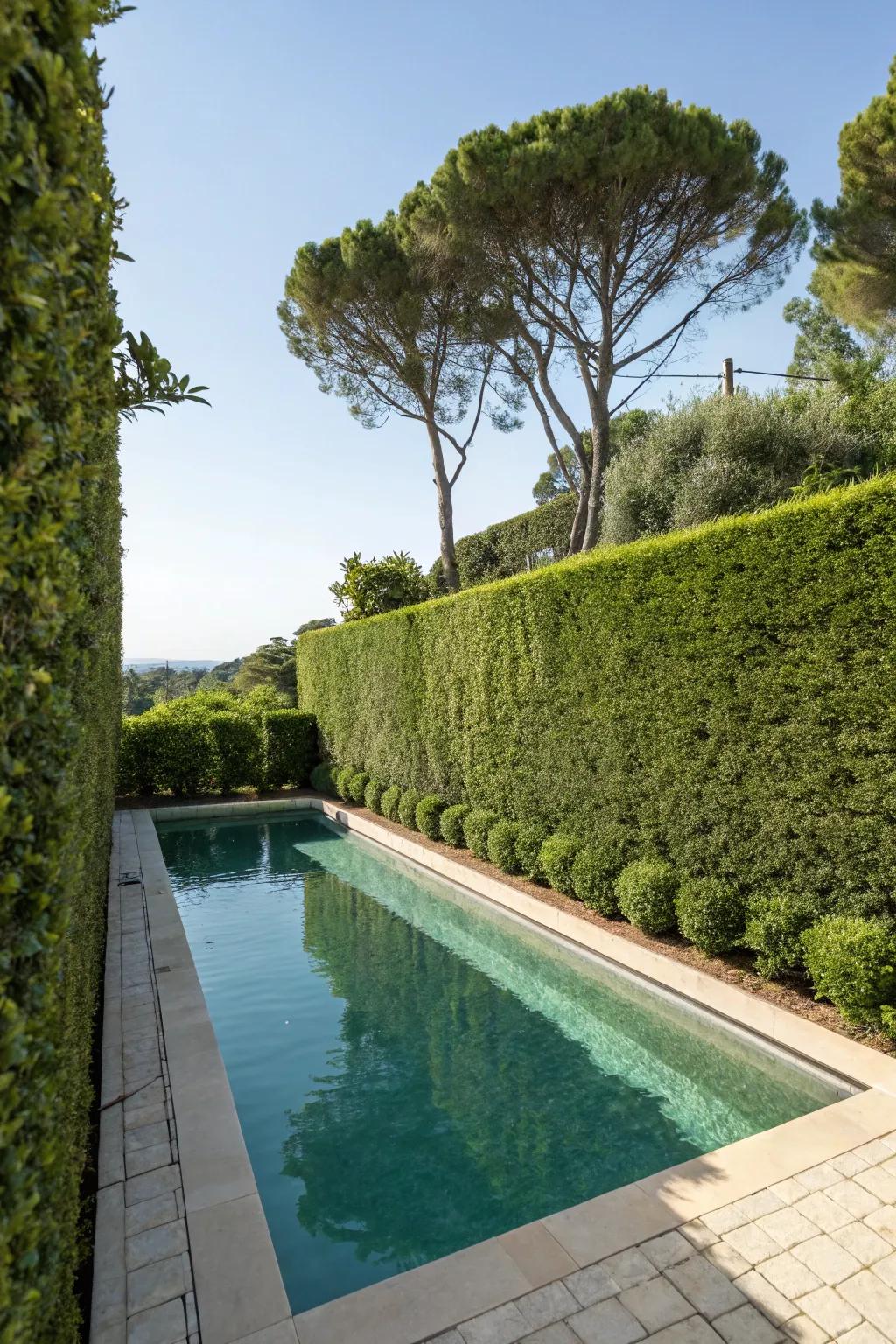 Living hedge walls create a serene and private pool environment.