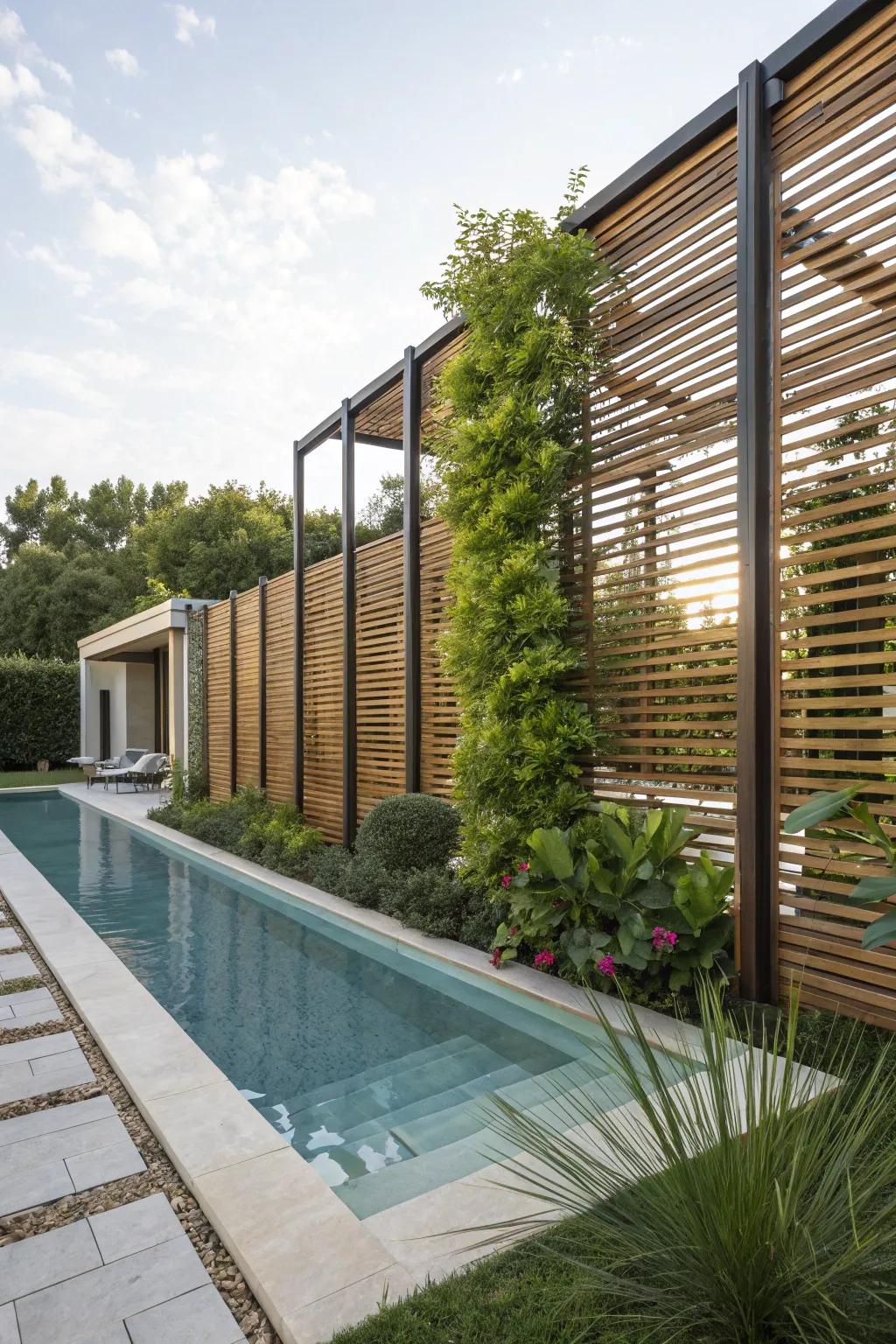 Wooden slat screens provide warmth and privacy to pool enclosures.