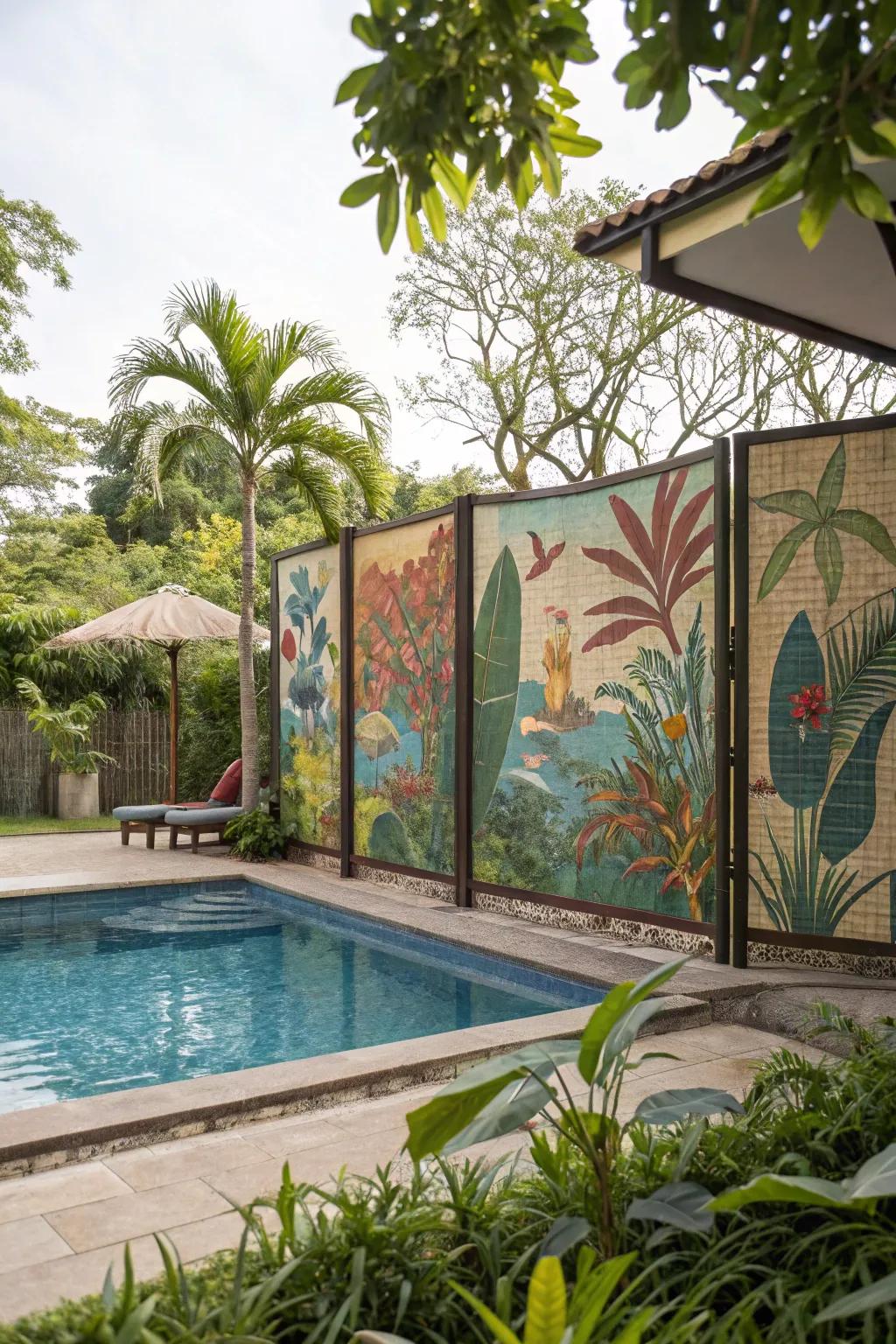Scenic mural screens add privacy and a splash of art to pool spaces.