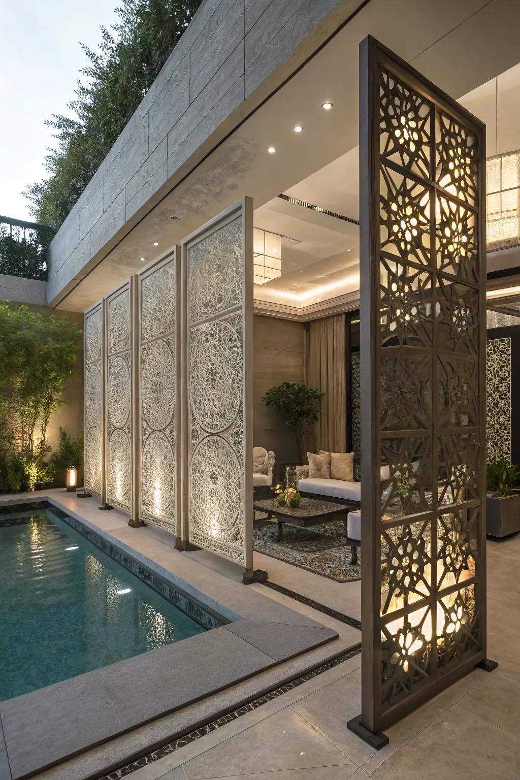 Artistic concrete screens combine strength and style for pool privacy.