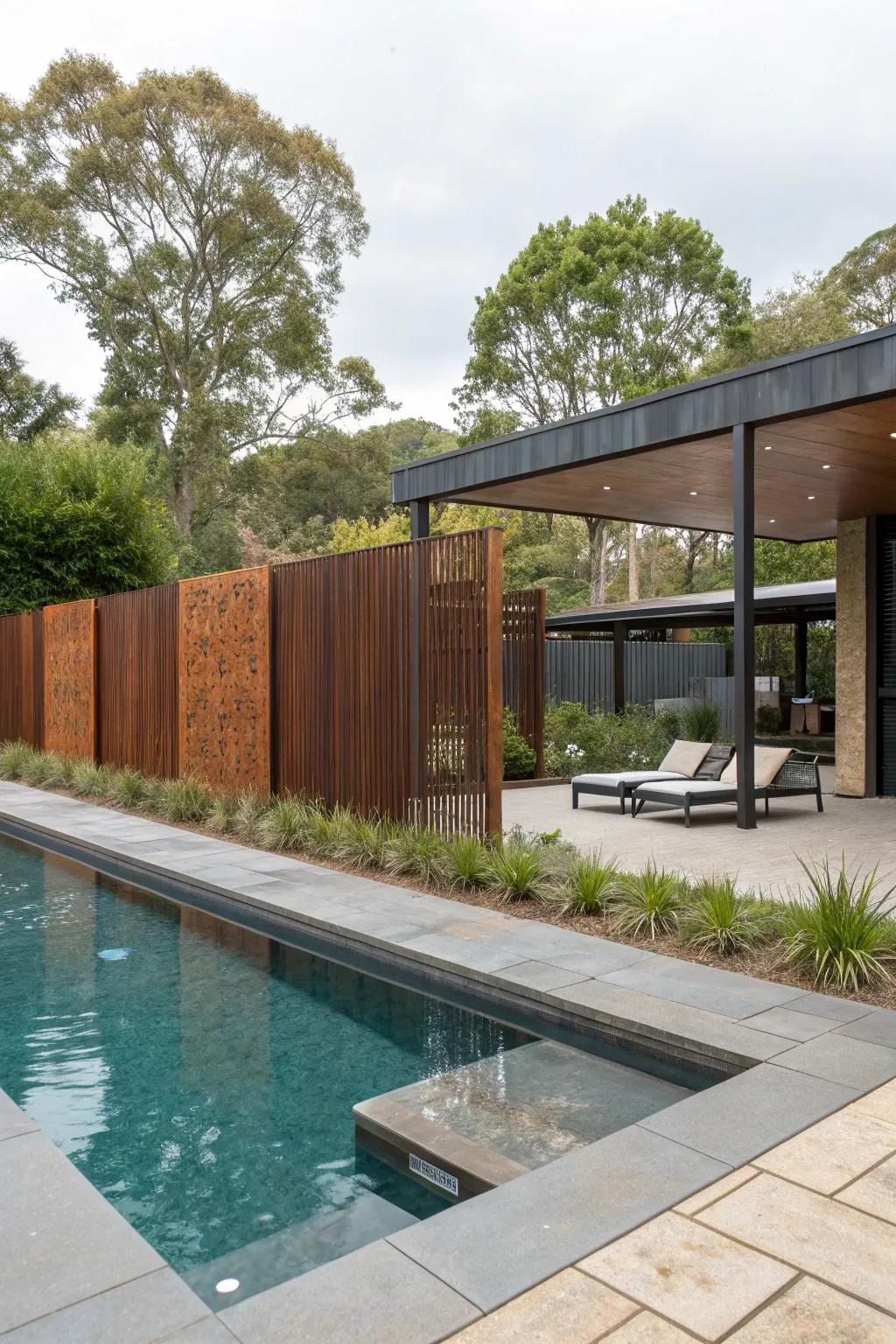 Corten steel screens add modern charm and privacy to pool areas.