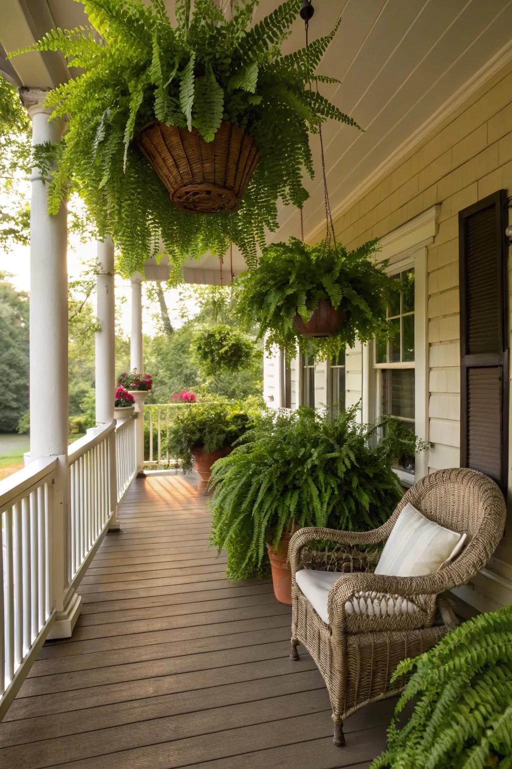 Shaded porches come alive with the lush greenery of hanging ferns.