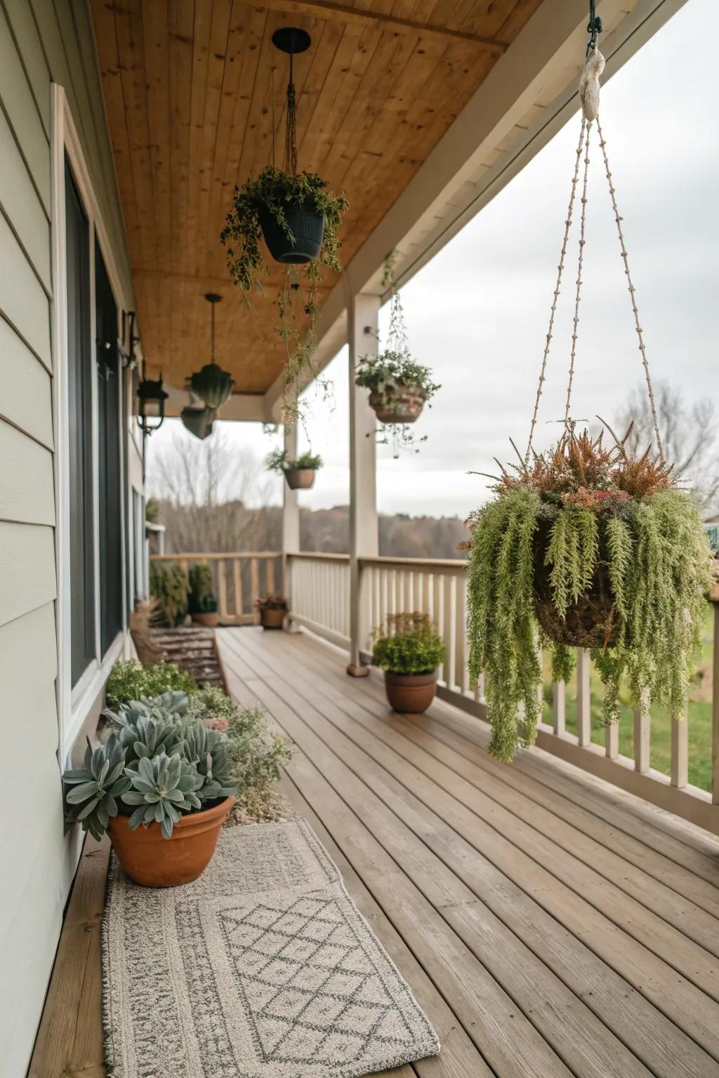 Create a striking visual with a mix of hanging succulents.