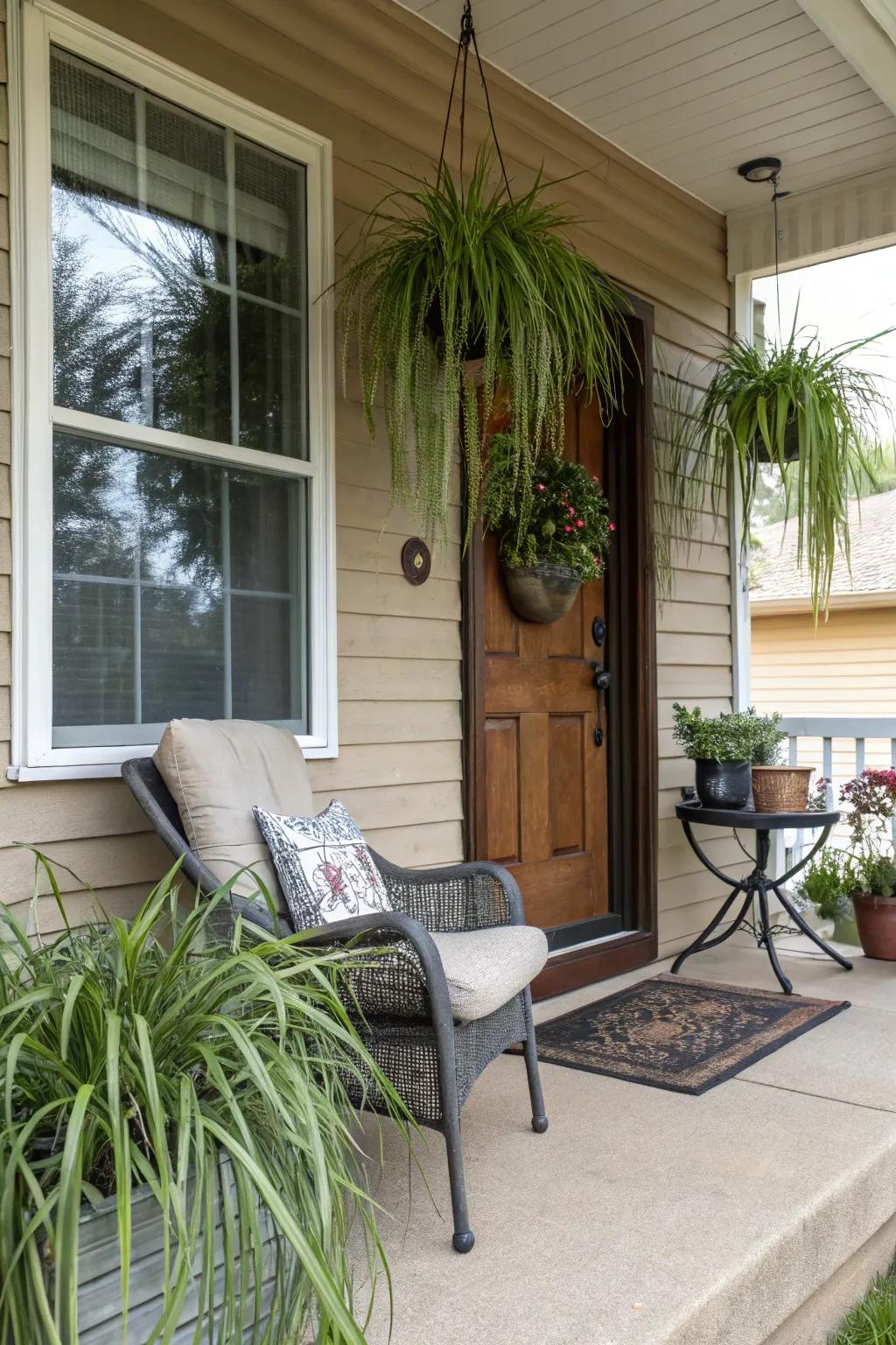 The unique texture of spider plants enhances porch aesthetics.