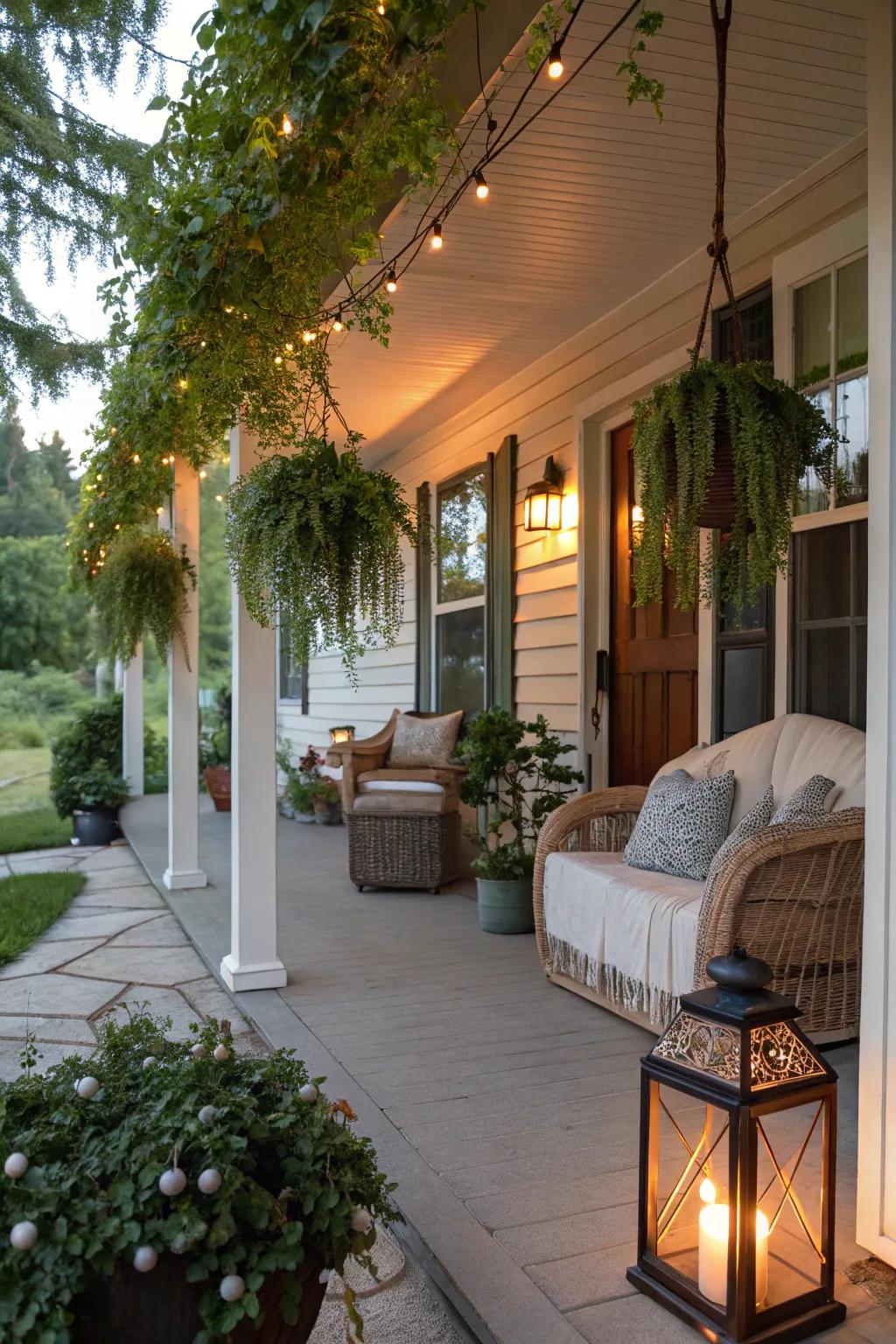 String lights transform hanging plants into a nighttime delight.