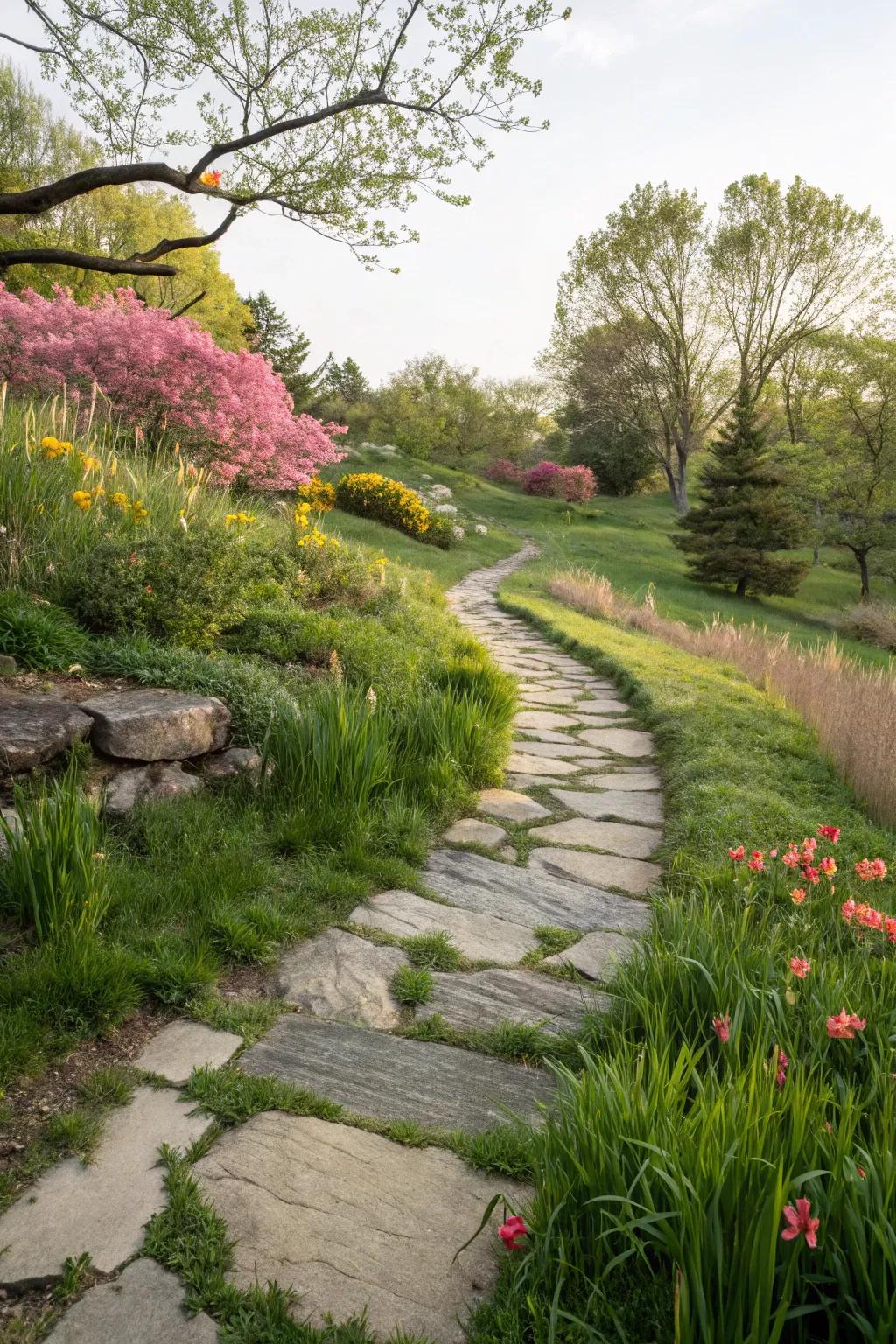 A charming stone pathway meandering through the garden.