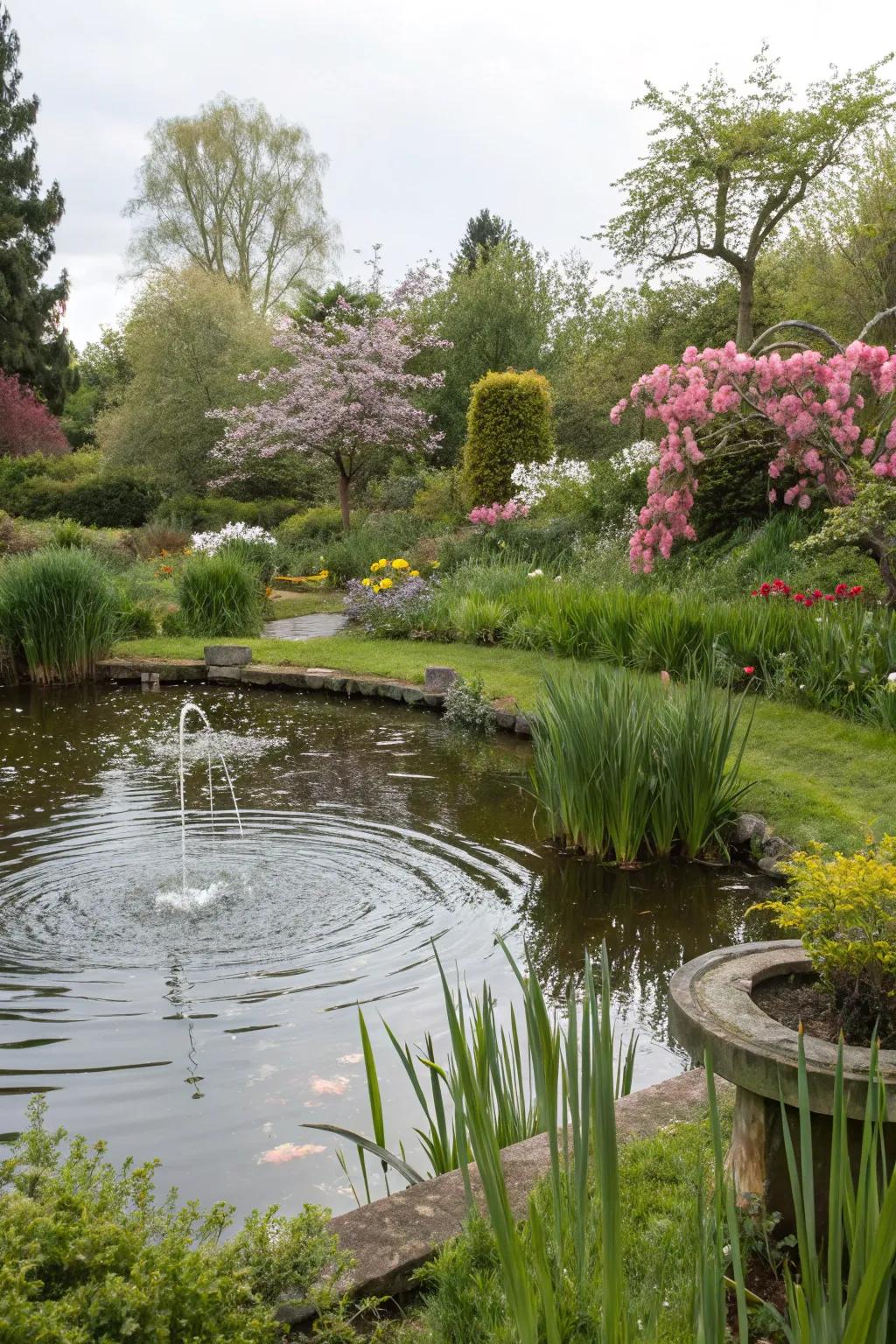 A calming water feature enhancing the garden's serenity.