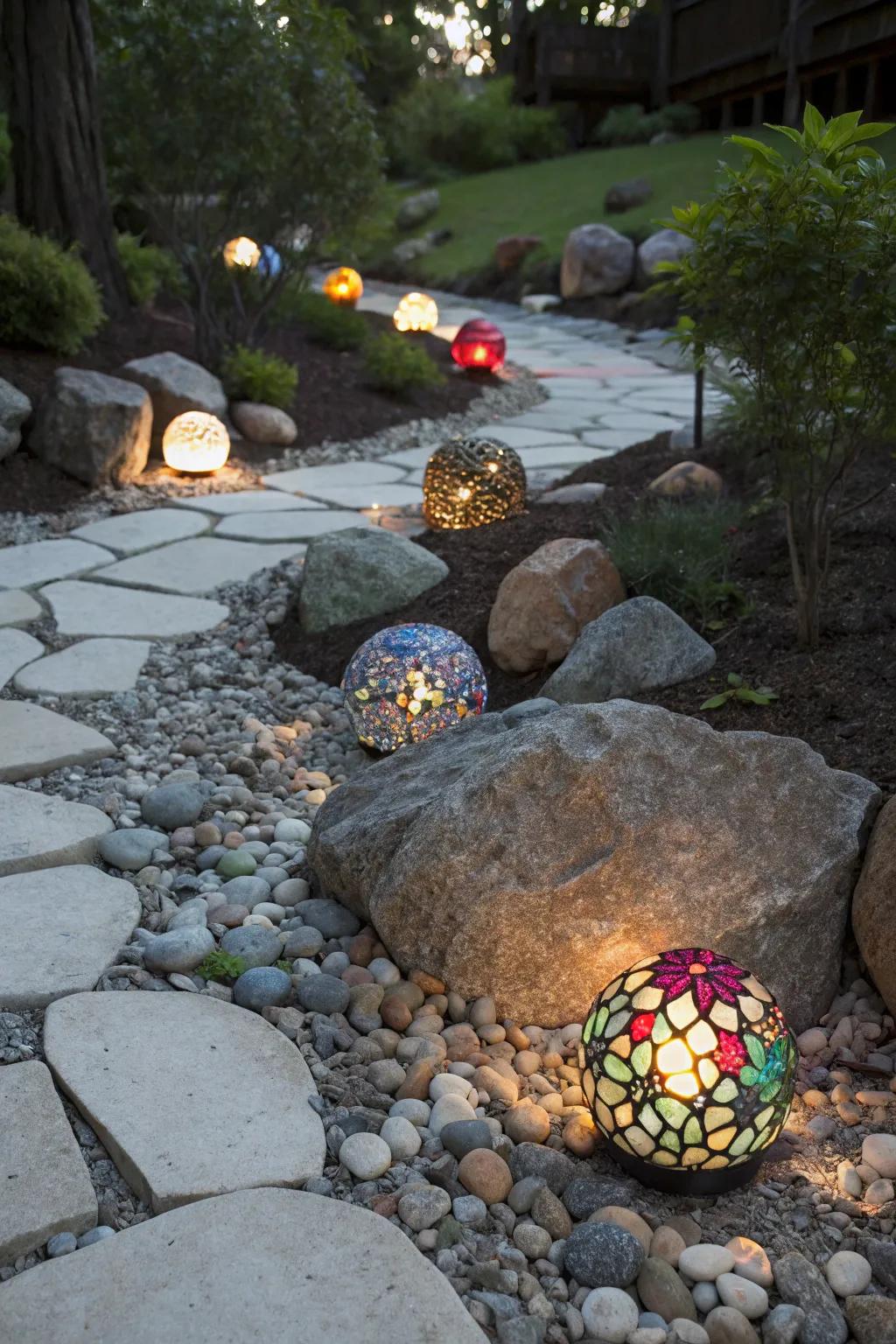Mosaic globes scatter beautiful patterns of light.