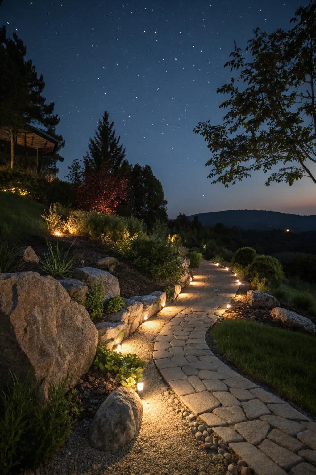 Pathway lighting adds both charm and safety to your rock garden.