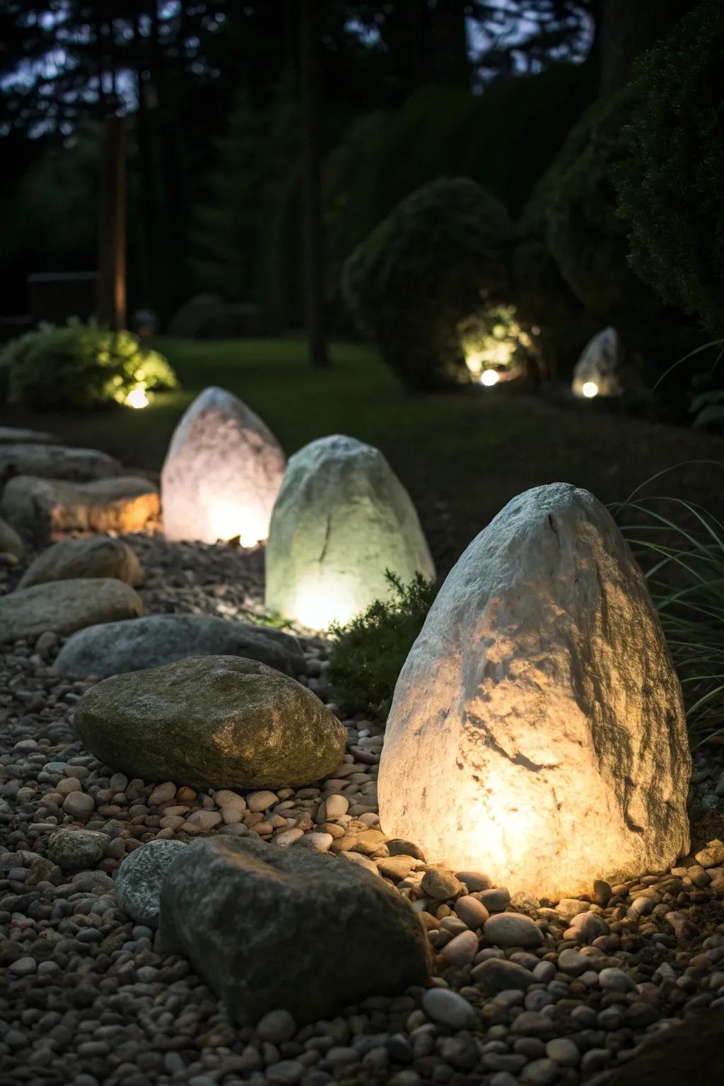 Underlighting transforms rocks into glowing sculptures.