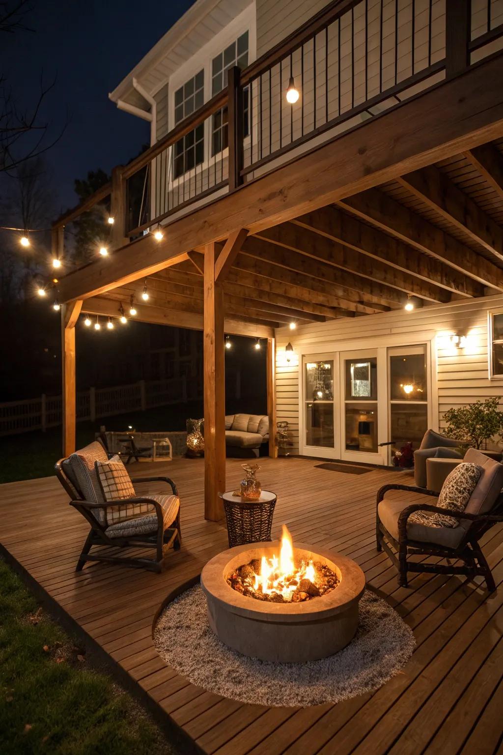 Warm up your under-deck space with a cozy fire pit feature.