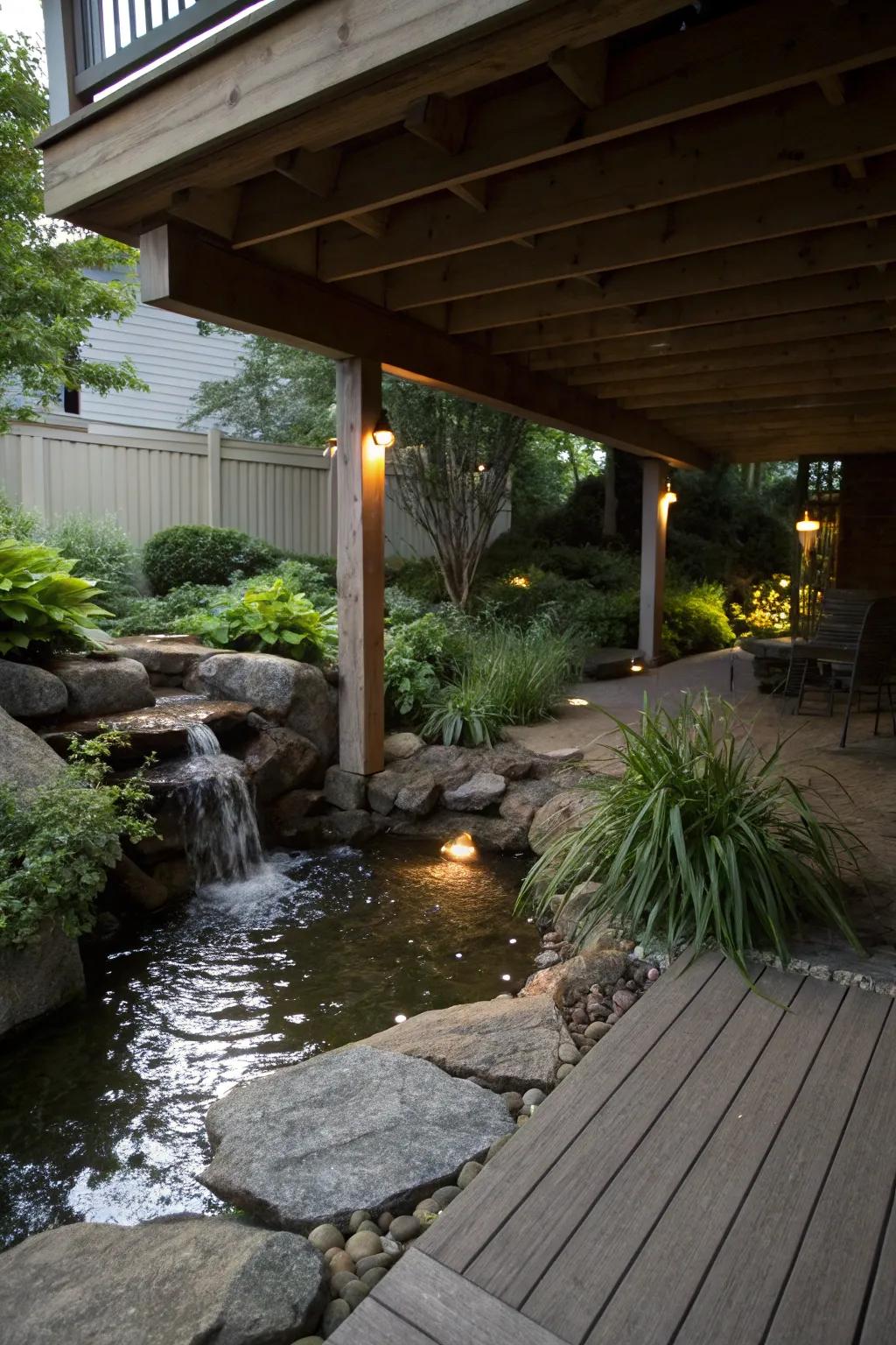 Create a serene atmosphere with a calming water feature under your deck.