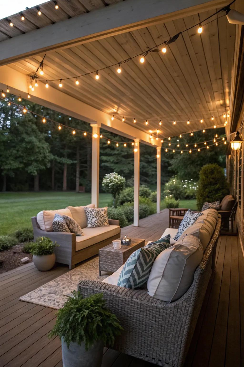 Transform your under-deck into a cozy retreat with comfortable seating and ambient lighting.