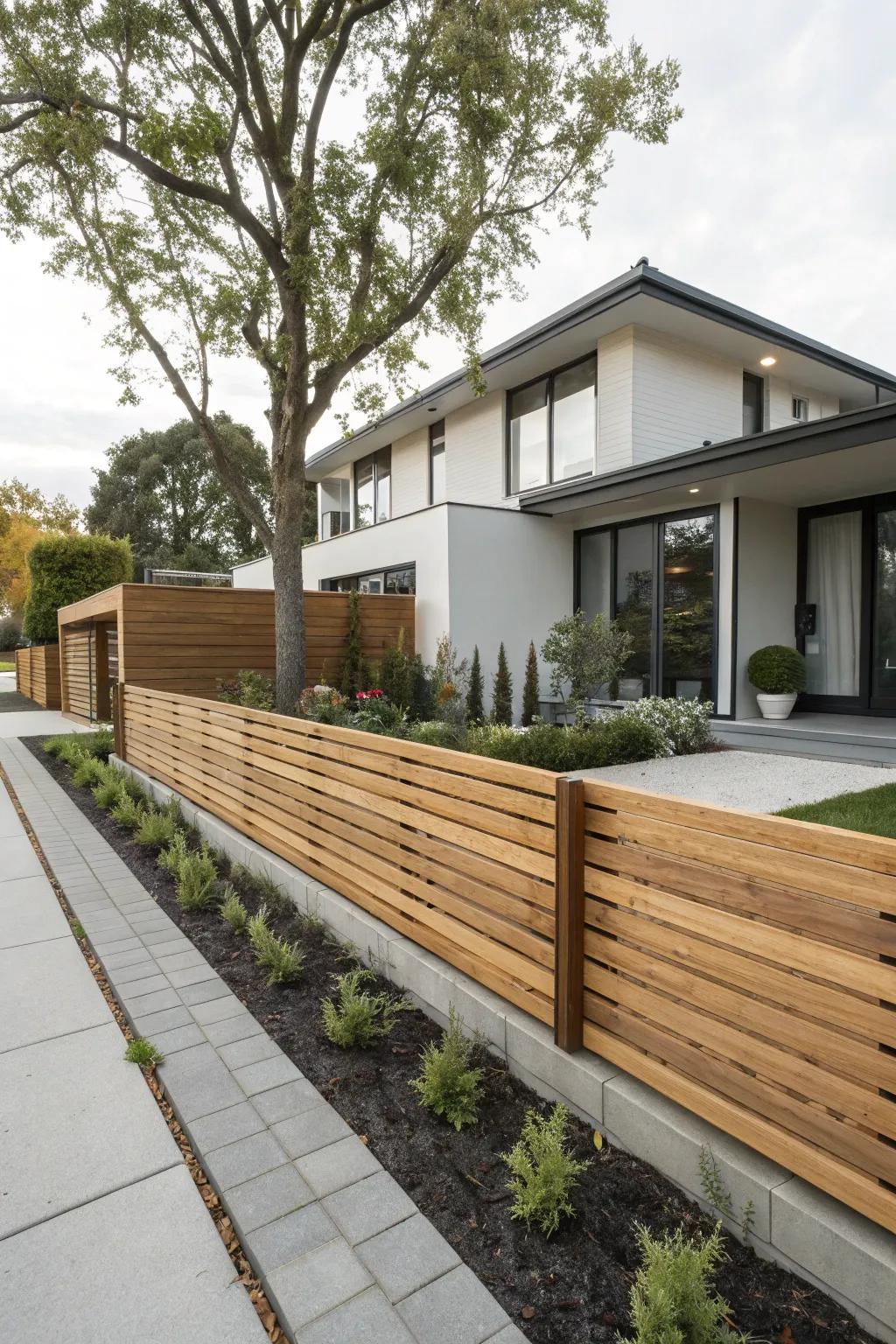 Modern horizontal wood paneling adds contemporary flair.