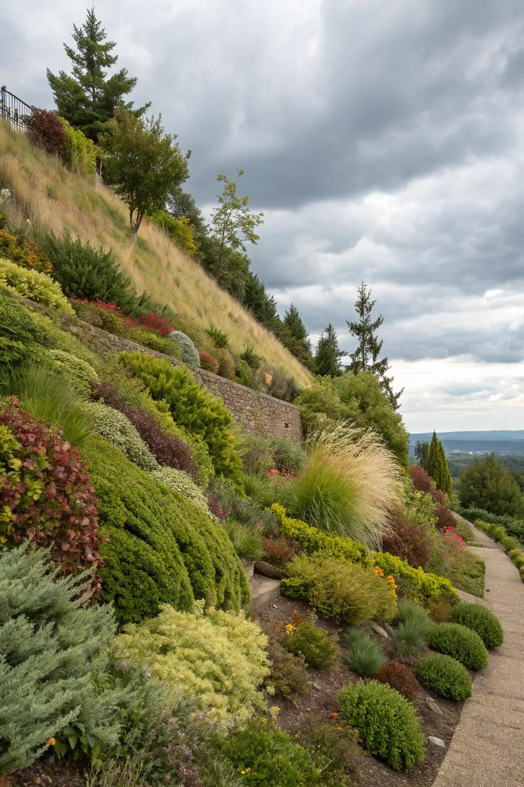 Layered plantings create a rich tapestry of textures and colors.