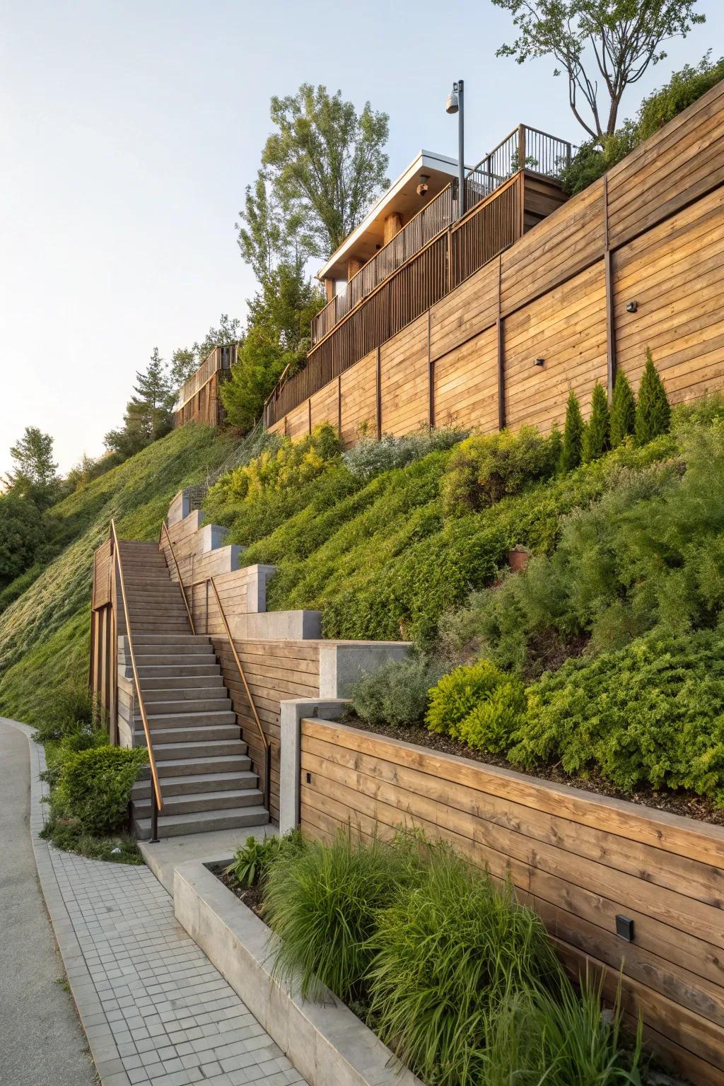 Wooden retaining walls add rustic charm and functionality.