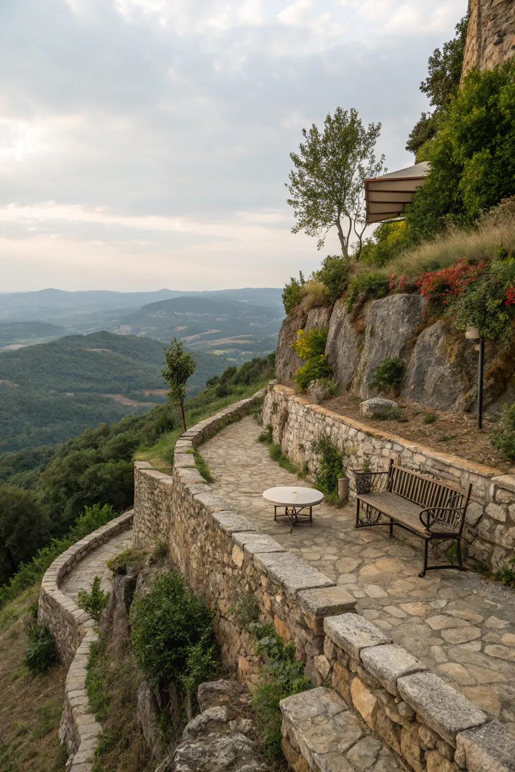 Low walls and seating areas make slopes inviting and functional.