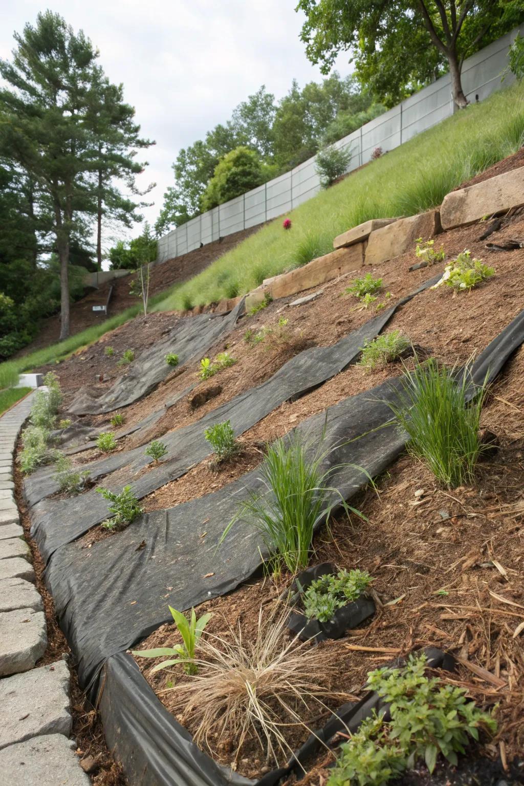 Erosion control fabrics provide stability and support plant growth.