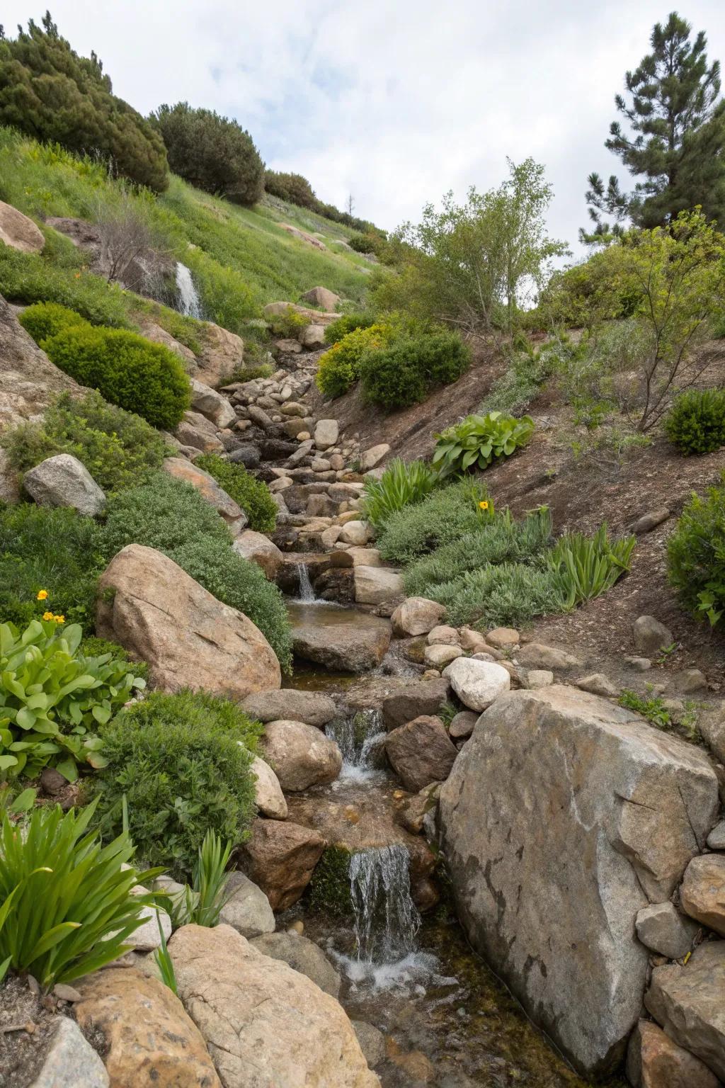 Water features add serenity and help control erosion.