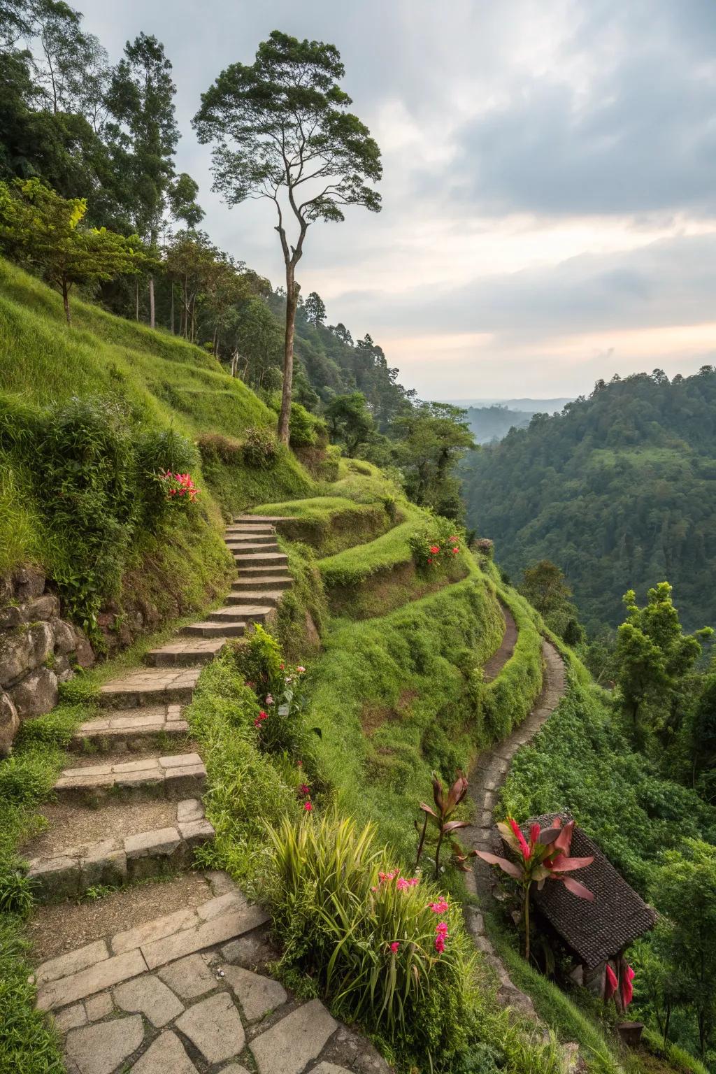 Pathways and steps make navigating steep slopes a breeze.