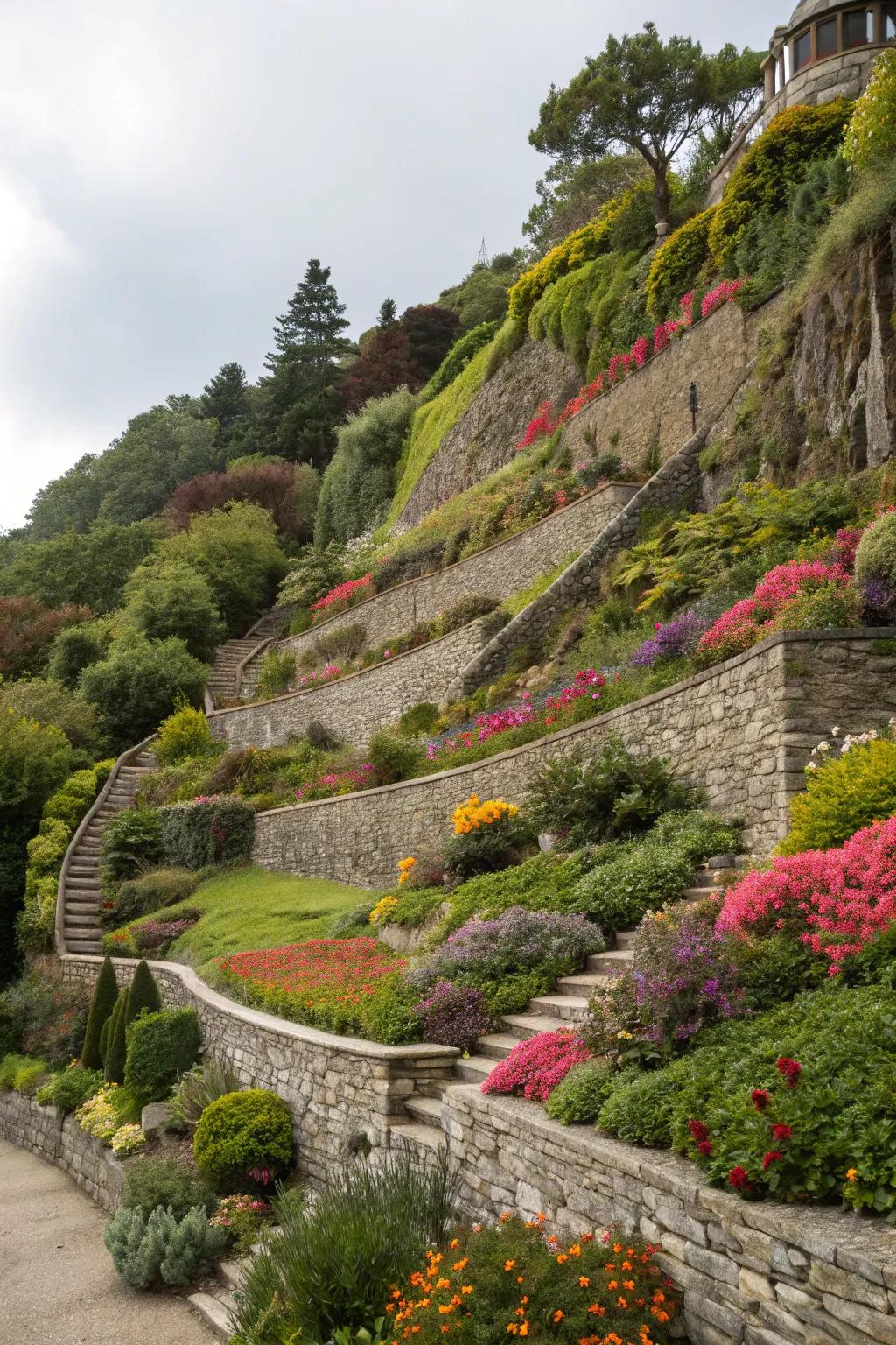Terraced gardens transform slopes into accessible and attractive spaces.