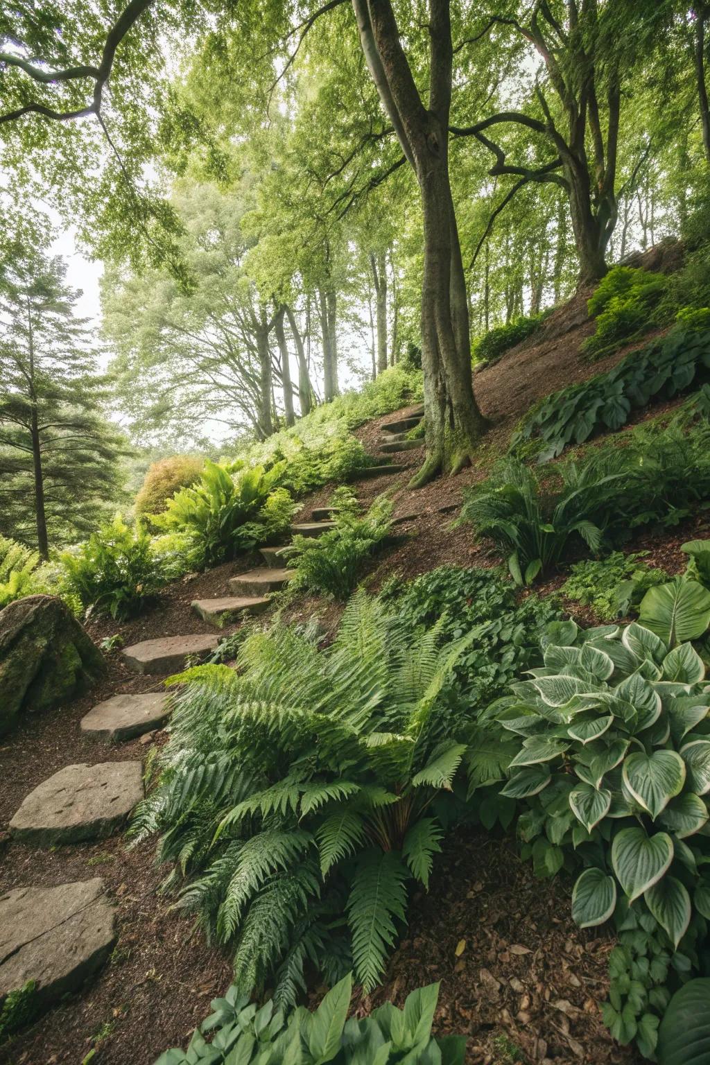 Shade-loving plants create a lush, tranquil atmosphere.
