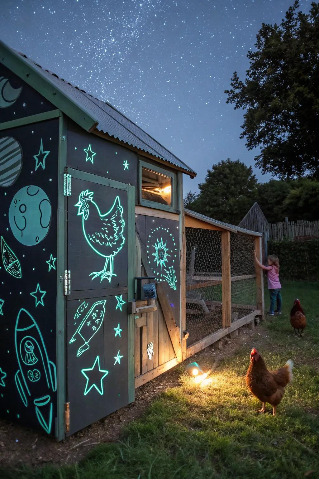 A space-themed chicken coop with rockets and glow-in-the-dark features.