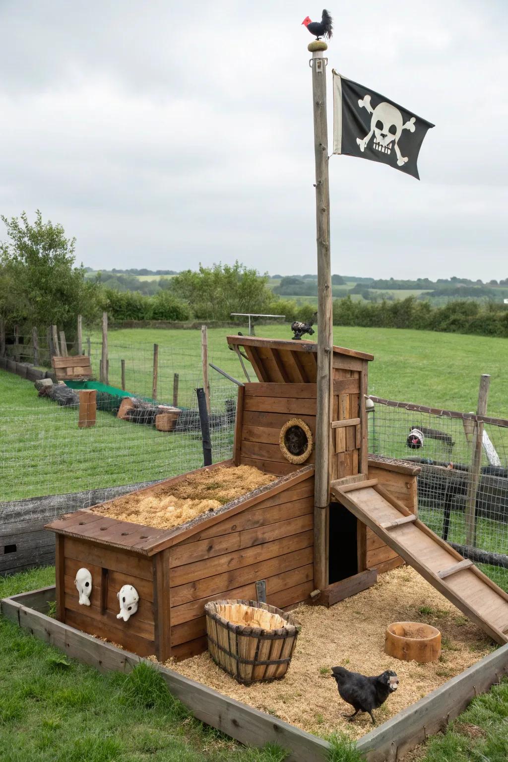A pirate-themed chicken coop with a Jolly Roger flag and treasure chest.