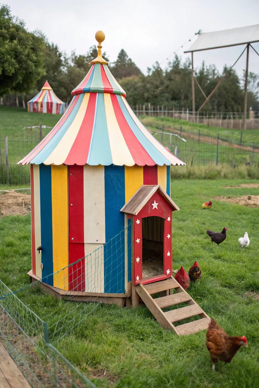 A vibrant chicken coop styled like a circus, complete with stripes and a big top.