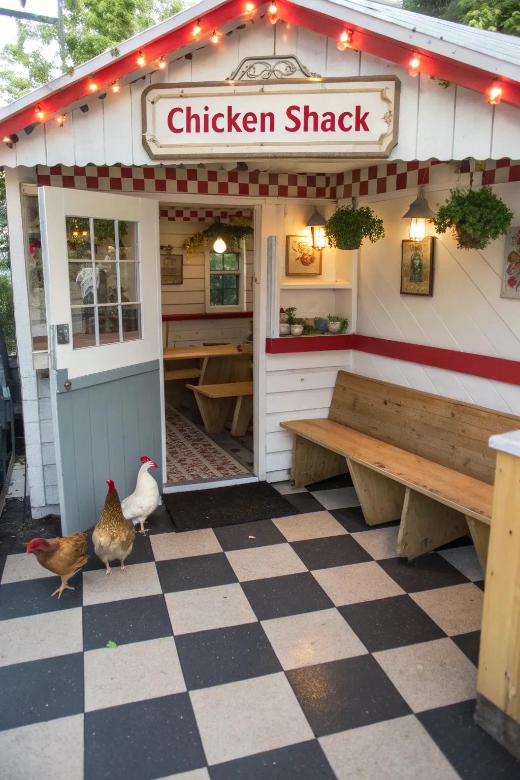 A retro diner-themed chicken coop with classic checkered floors.