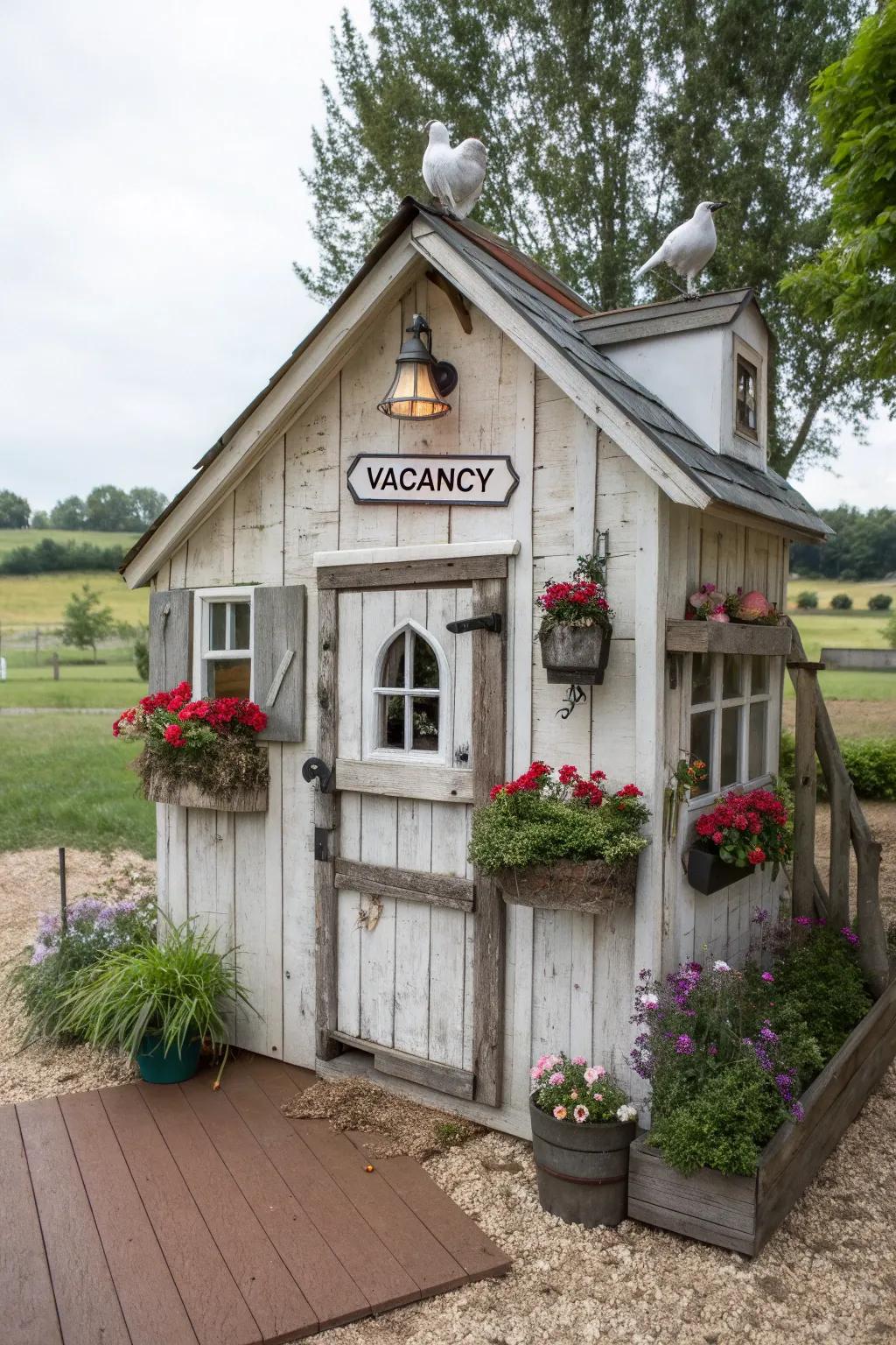 A chicken coop styled like a vintage hotel, complete with a 'vacancy' sign.
