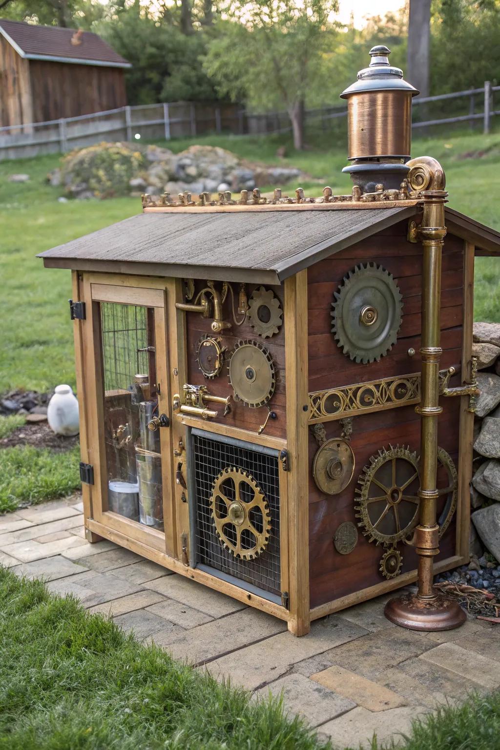 A steampunk-inspired chicken coop with gears and industrial style.
