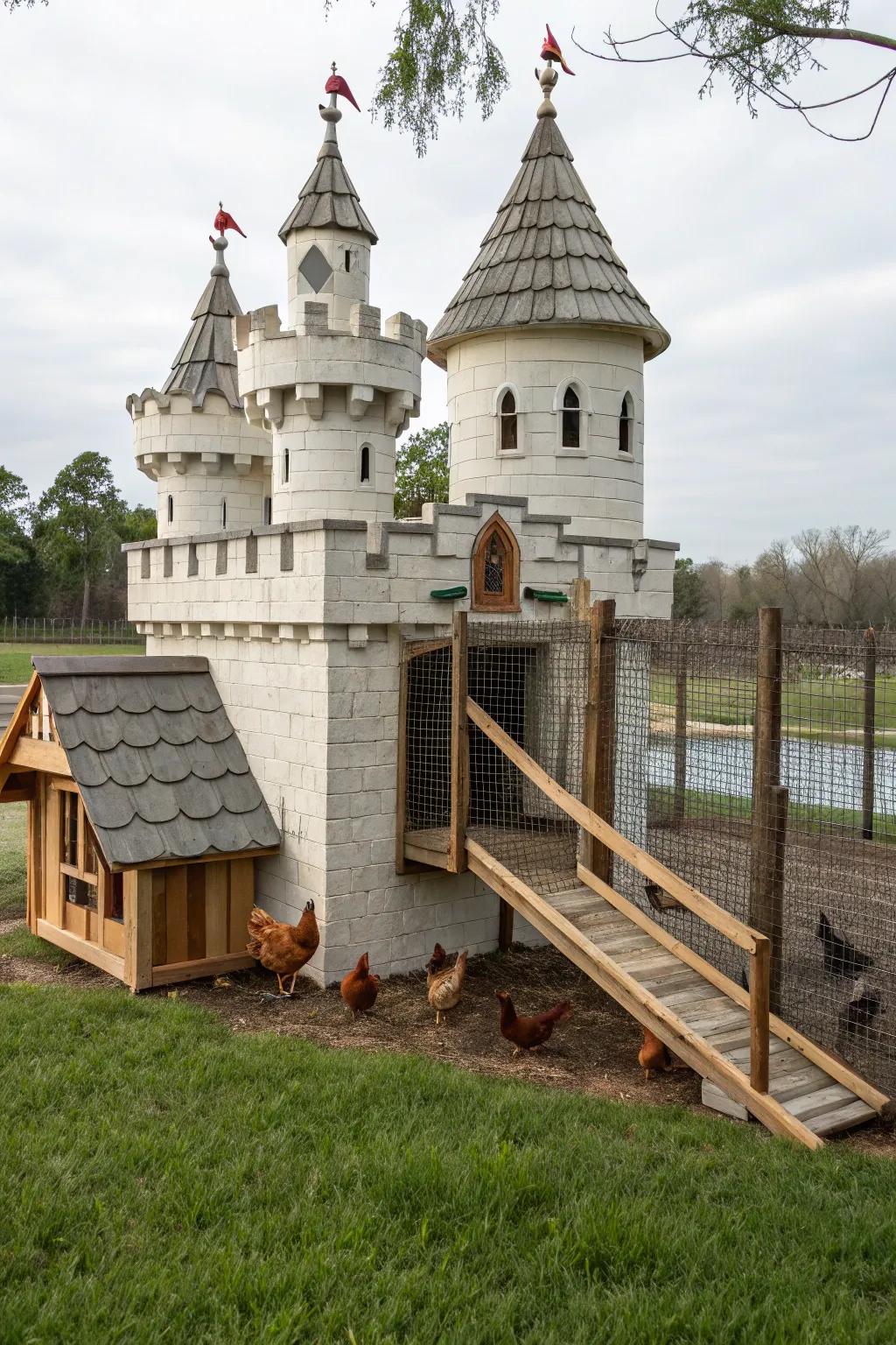 A medieval-themed chicken coop with turrets and a drawbridge.