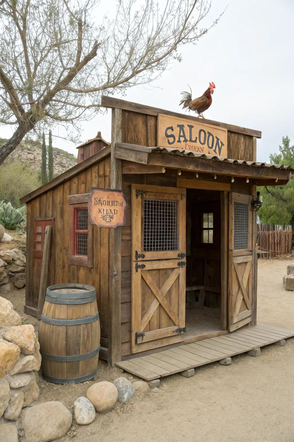 A chicken coop styled like an old Western saloon with rustic charm.