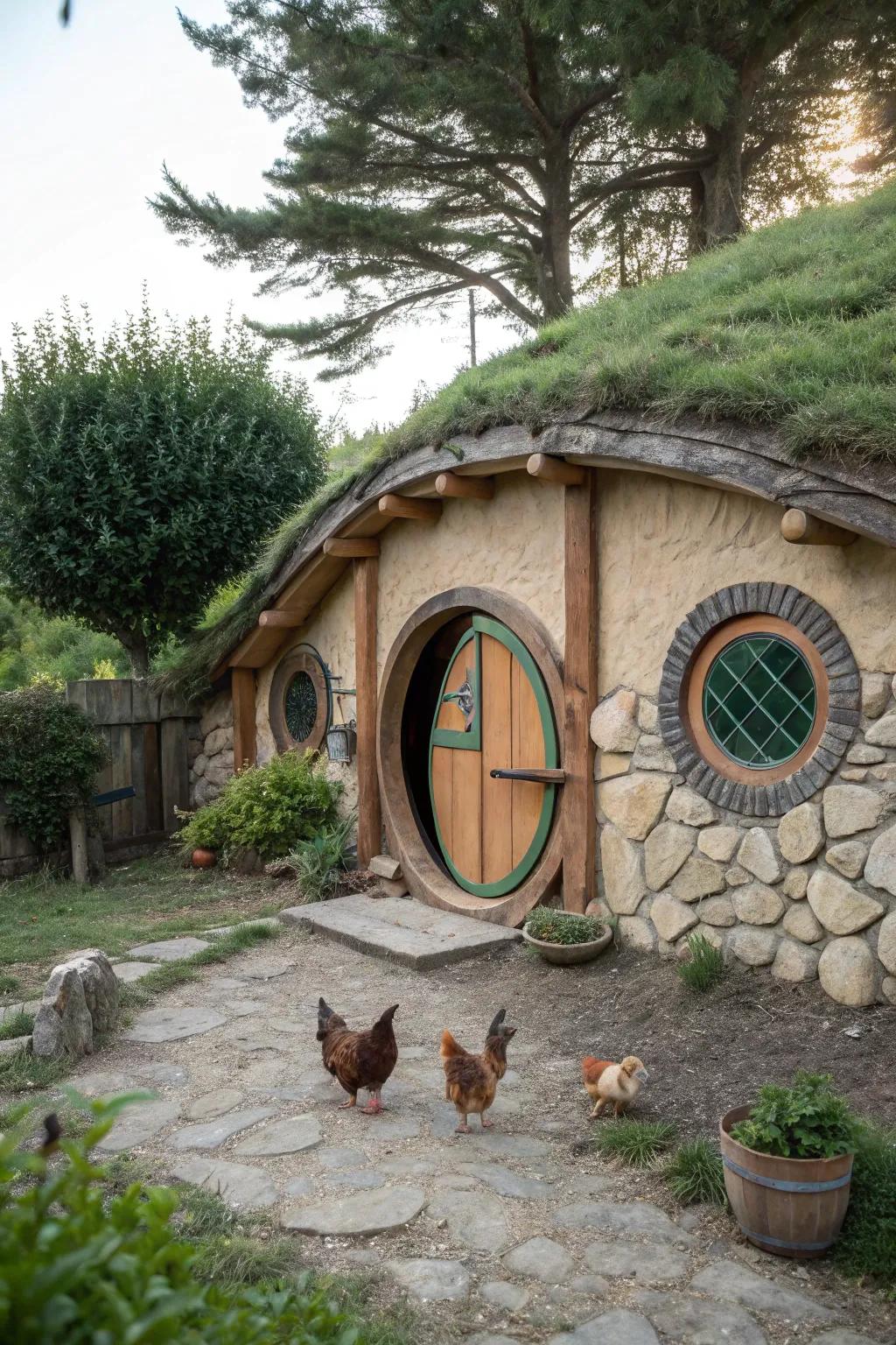 A Hobbit-inspired chicken coop with round doors and a cozy aesthetic.
