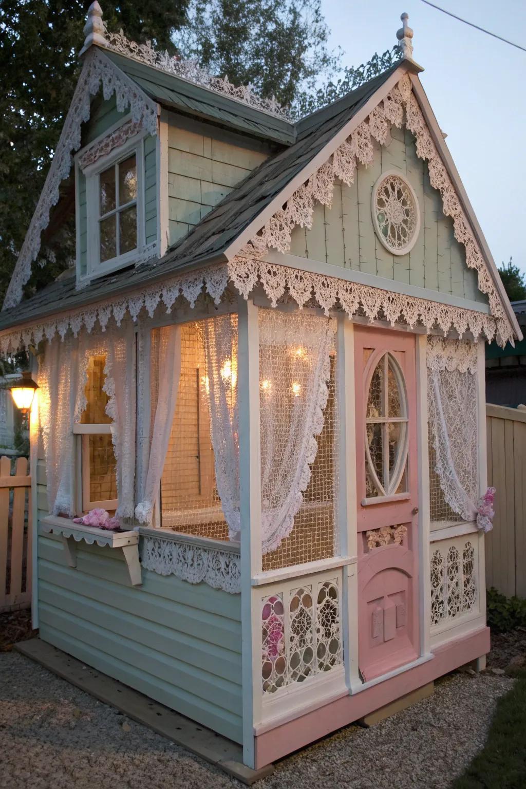 A Victorian-themed chicken coop with lace curtains and pastel hues.