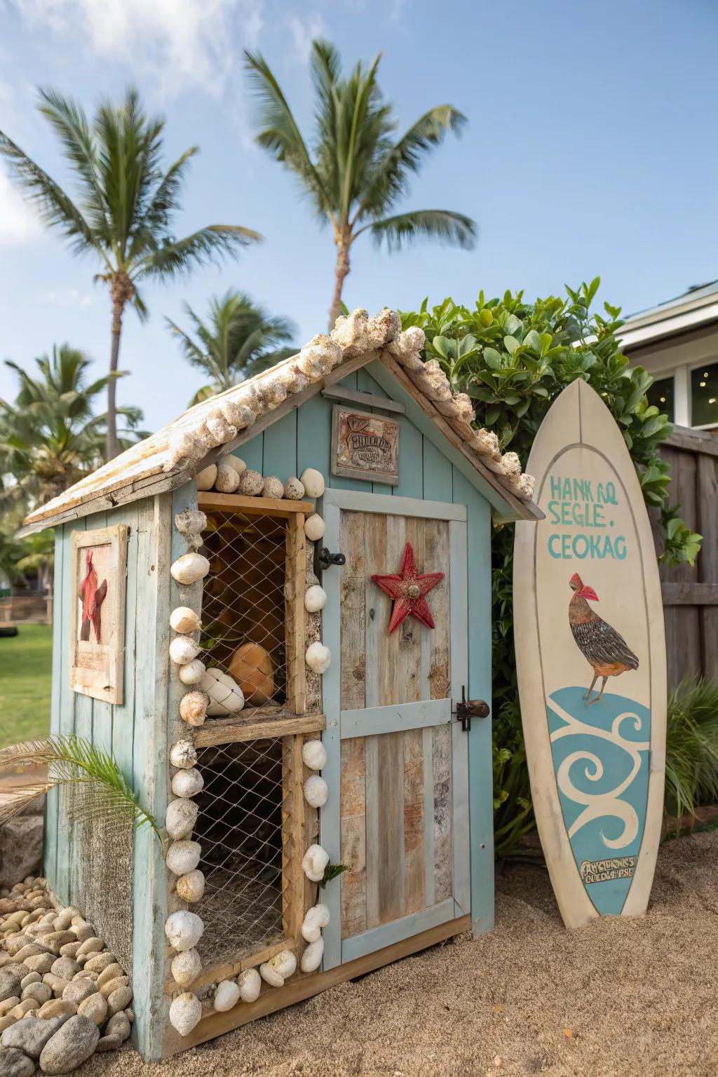 A beach-themed chicken coop with seashells and a surfboard sign.
