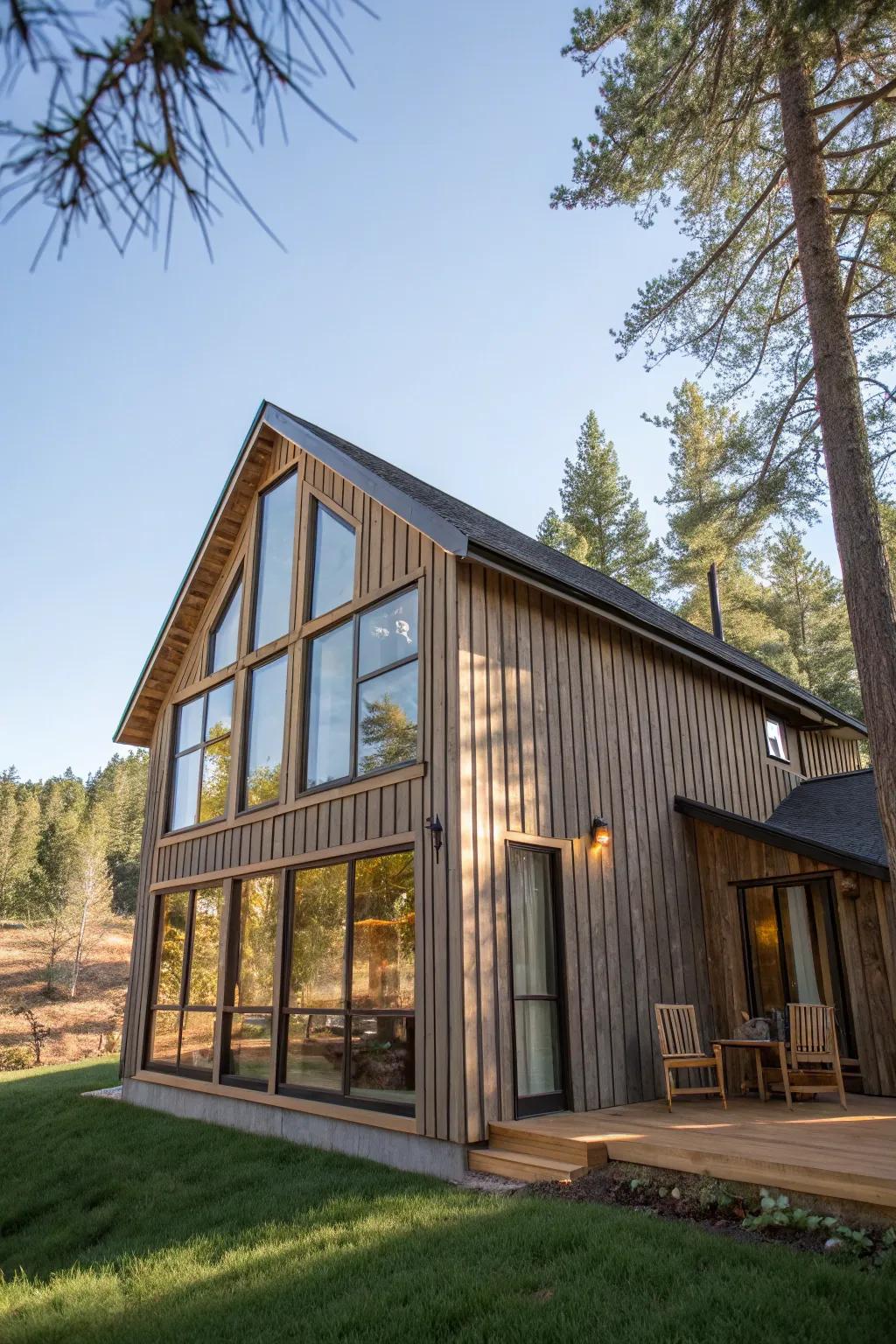 Vertical shiplap adds height and modern flair to cabin exteriors.