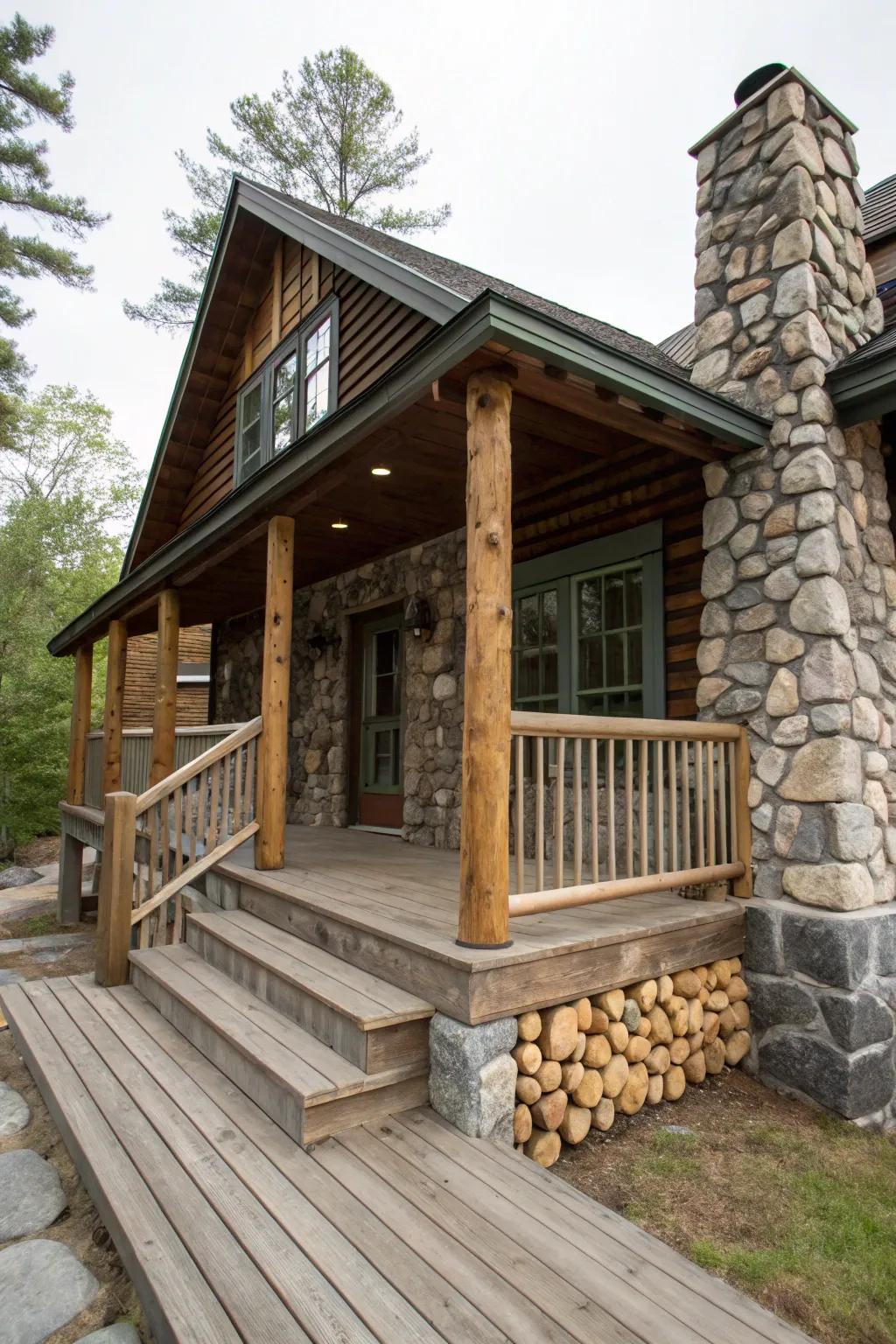 Stone accents enhance the rustic beauty of cabin exteriors.