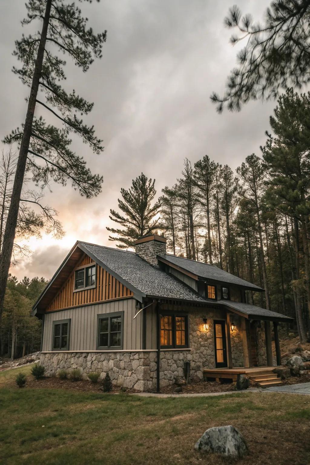 Mixed materials add texture and interest to cabin exteriors.