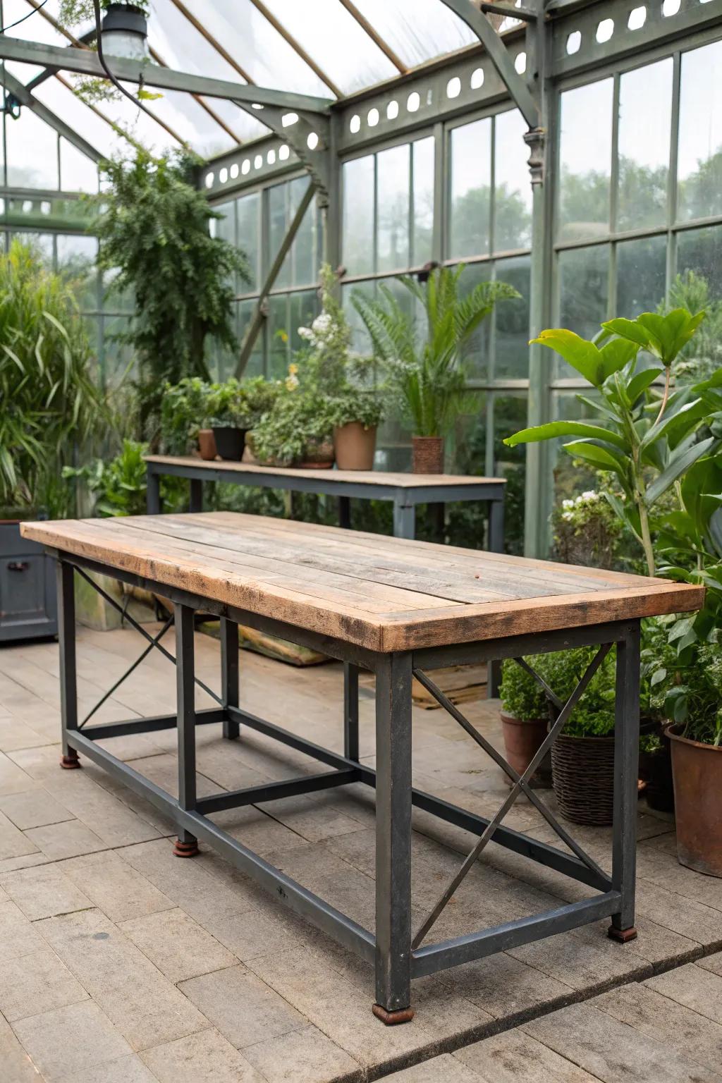 Industrial-style tables for a trendy greenhouse look