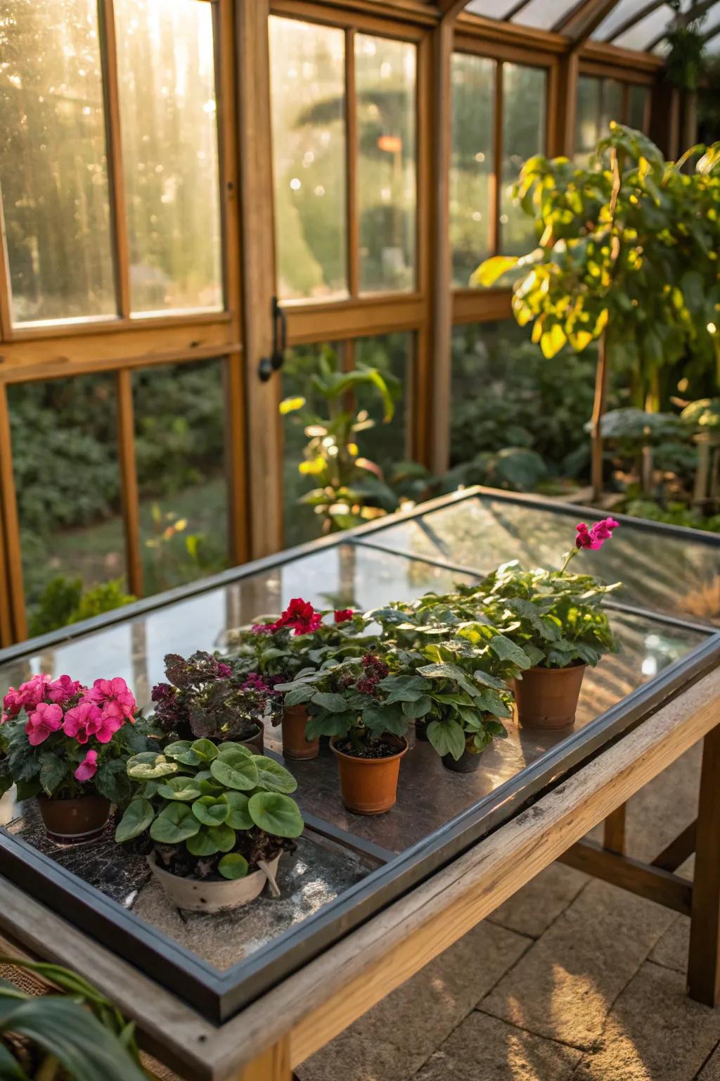 Glass tables add elegance and light to the greenhouse